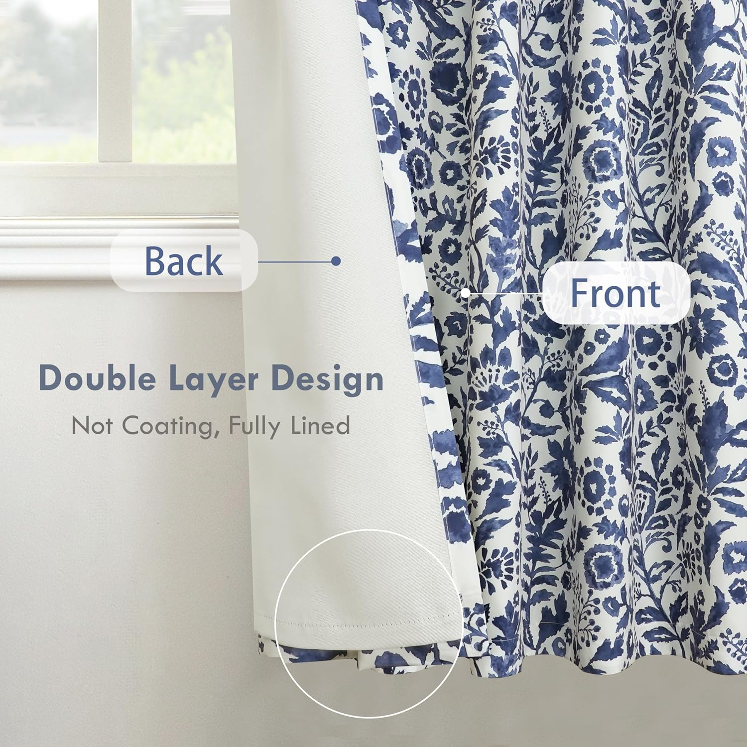 DriftAway Julia Watercolor Blackout Room Darkening Grommet Lined Thermal Insulated Energy Saving Window Curtains 2 Layers 2 Panels Each Size 96"L x 52"W Navy