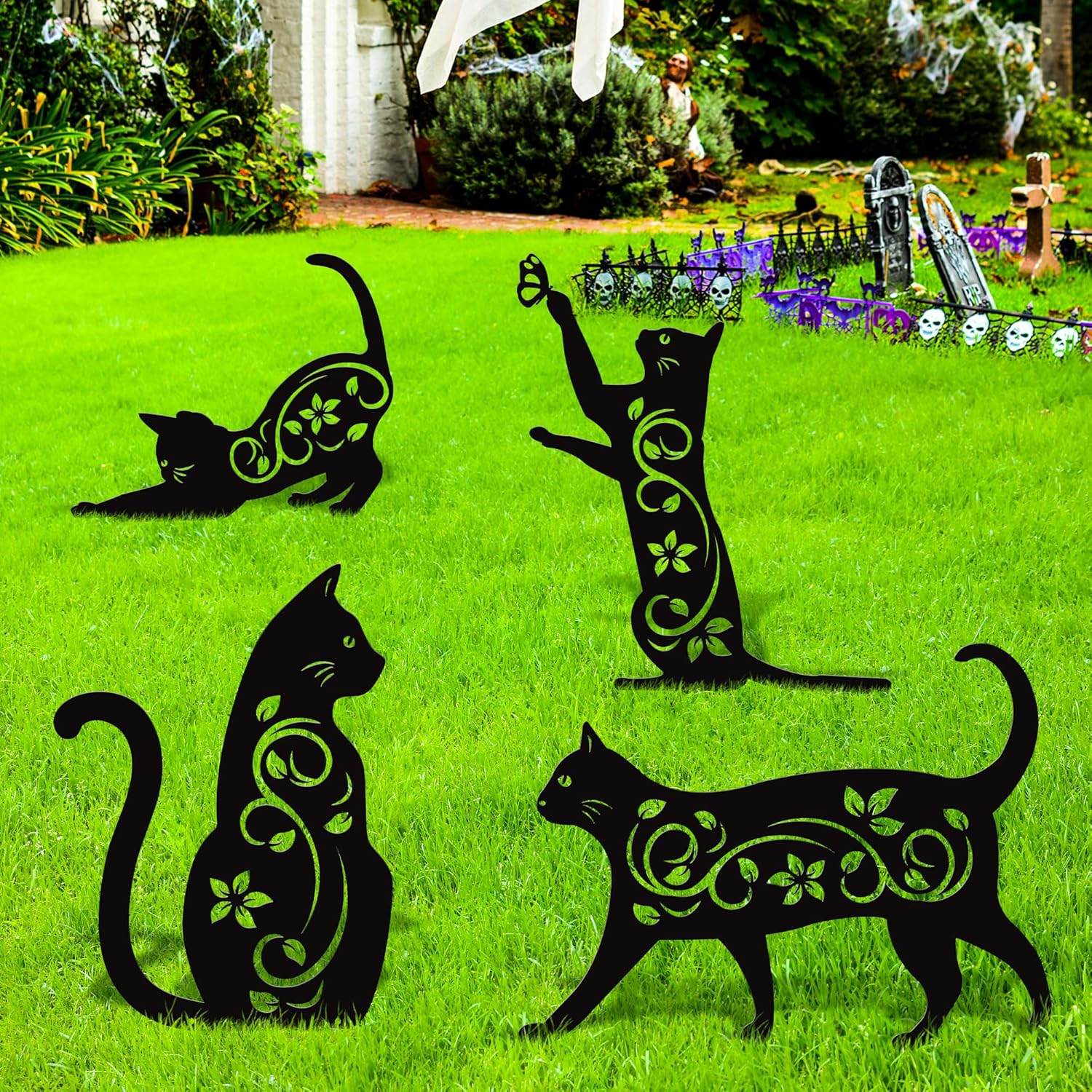 Elcoho 4 Pack Black Cat Silhouette Cute Metal Cat Garden Statues Bird Repellent Cat Decorative Garden Stakes for Yard, Garden, Lawn Outdoor Decorations