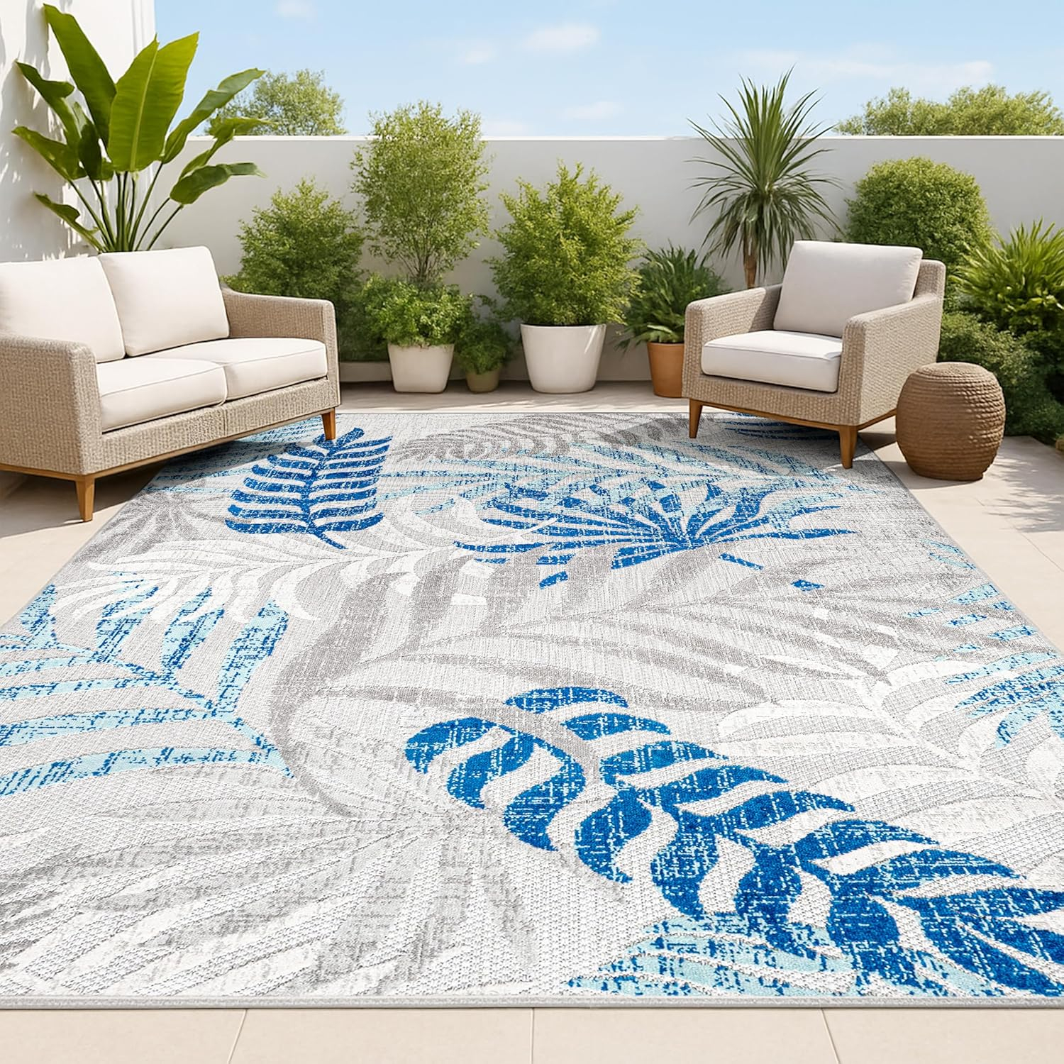 JONATHAN Y Tropics Palm Leaves Indoor Outdoor Area Rug 3X5 Gray/Blue, Boho for Backyard, Patio, Porch, Easy-Cleaning, High Traffic, Pet-Friendly, Non-Shedding (AMC100A-3)