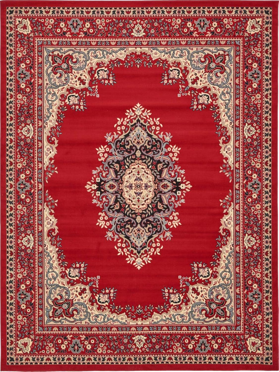 Elegant Medallion 9' x 12' Synthetic Area Rug in Red, Black, and Cream