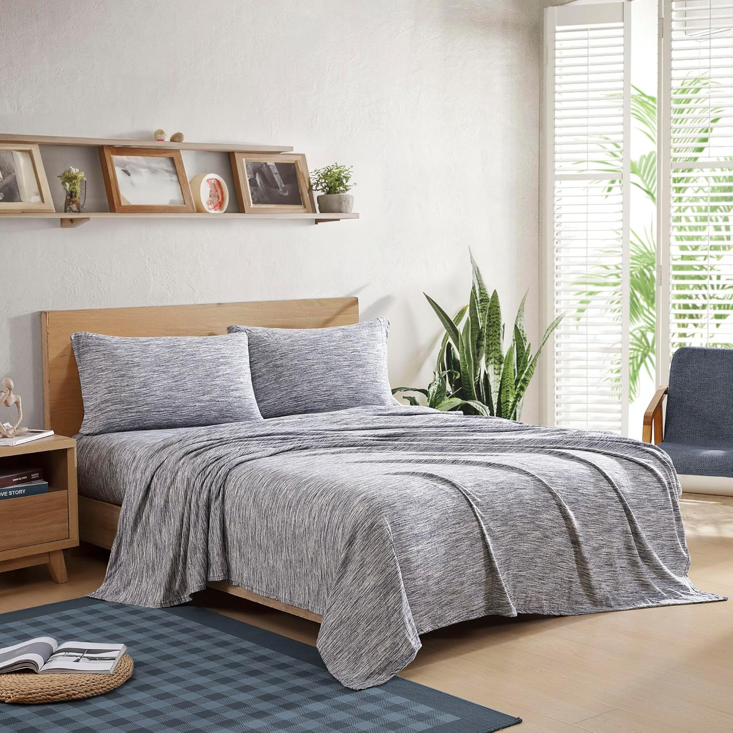 Twin Melange Dark Blue Cotton Jersey Knit Sheet Set