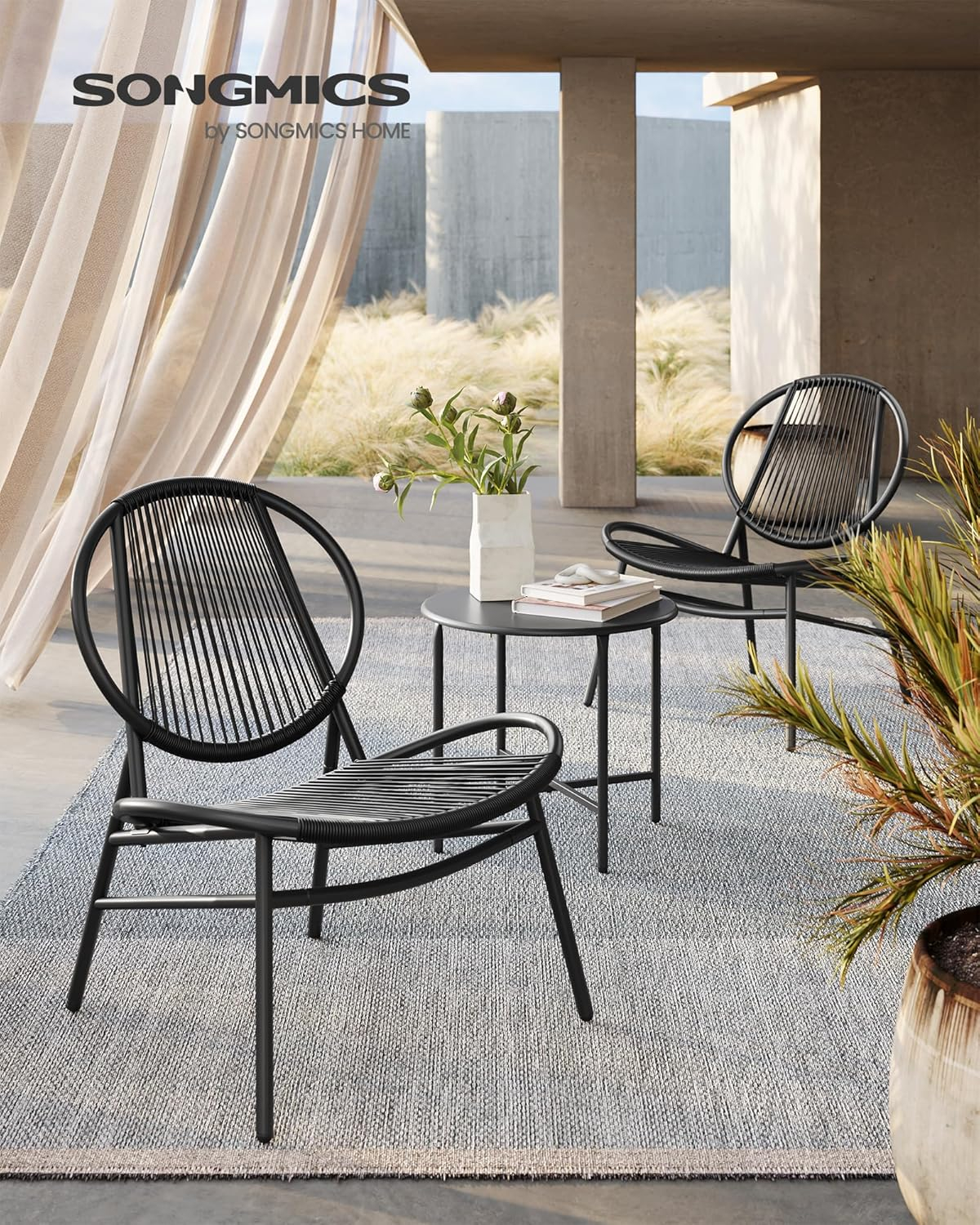 Patio Furniture Bistro Set Adult 3 Metal Acapulco Chairs with Side Table, Ink Black
