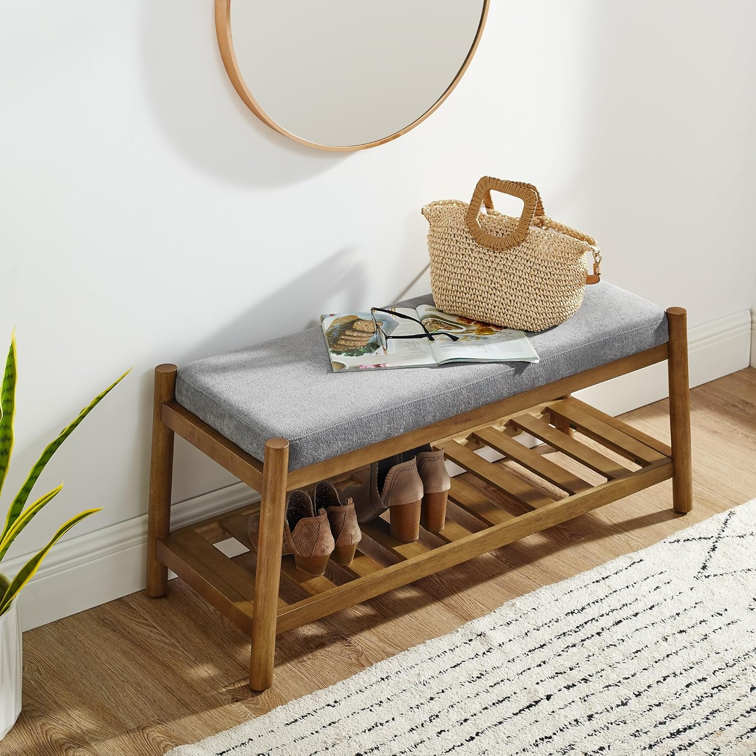 Upholstered Entryway Bench, Bedroom Bench for End of Bed, Dining Bench with Padded Seat for Kitchen, Living Room, Fabric Rubber Wood Indoor Bench (Beige)