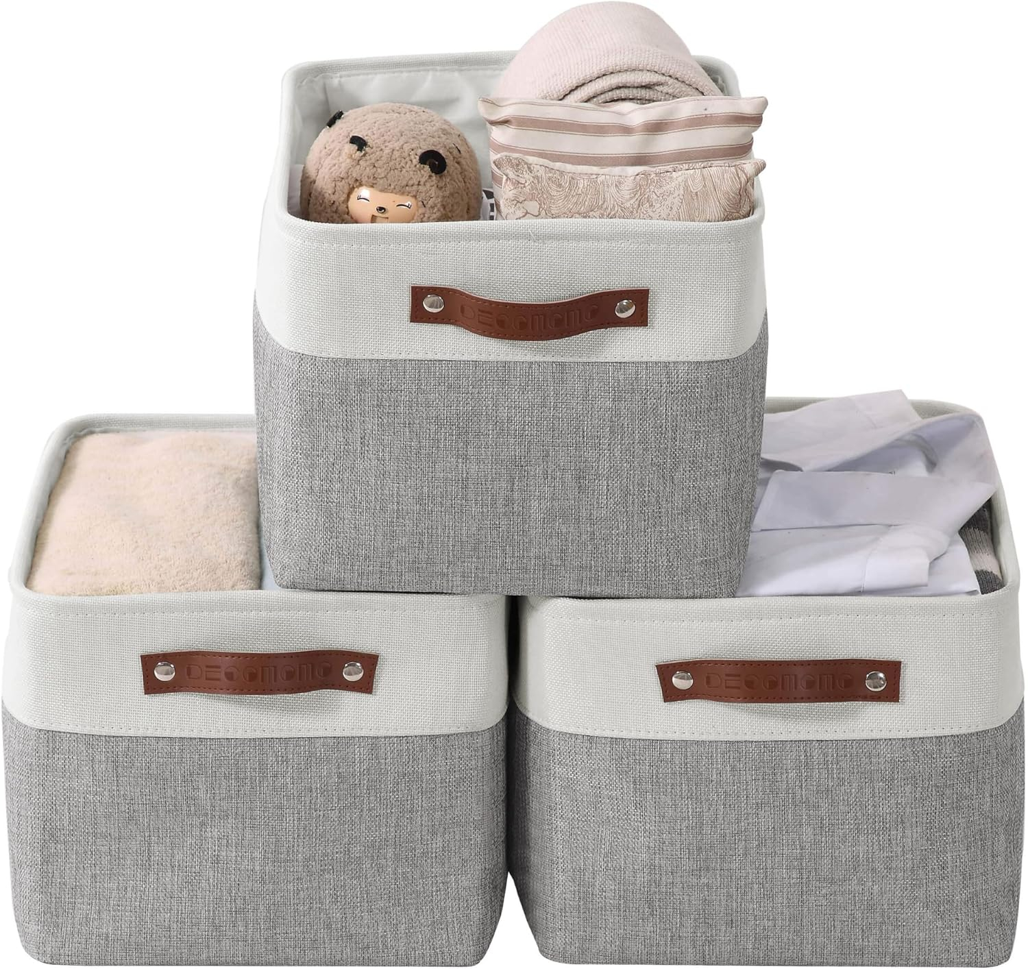 DECOMOMO Large Storage Baskets, Fabric Storage Bins, Baskets and Bins (Grey and White, Set of 3)