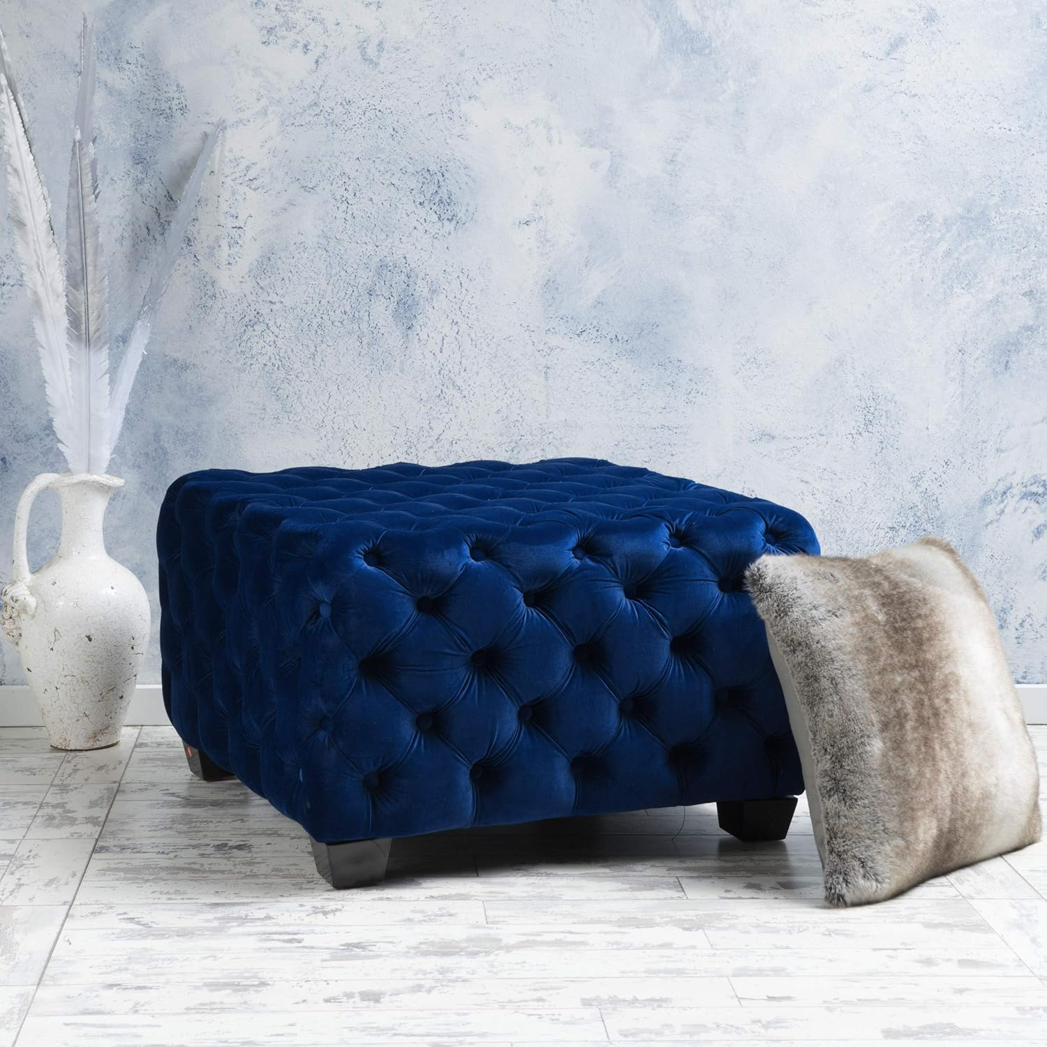Thaurin Modern Glam Button Tufted Velvet Ottoman, Navy Blue and Dark Brown