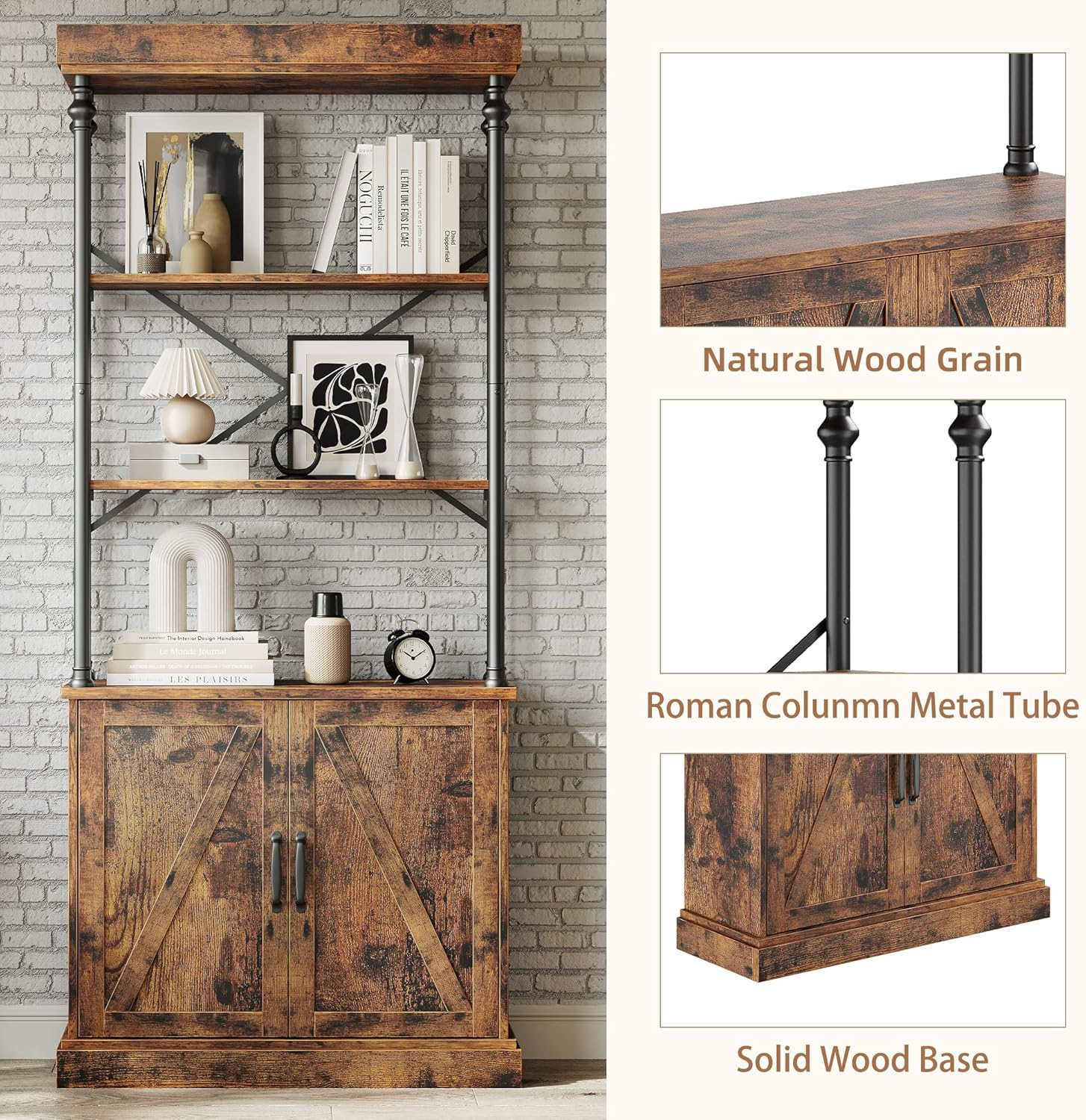 IDEALHOUSE Tall Bookshelf with Doors 73.62in Industrial Storage Open Rack Shelf with Cabinet Wood and Metal Bookcase Farmhouse Bookshelves Large Vintage Display Rack Home Office