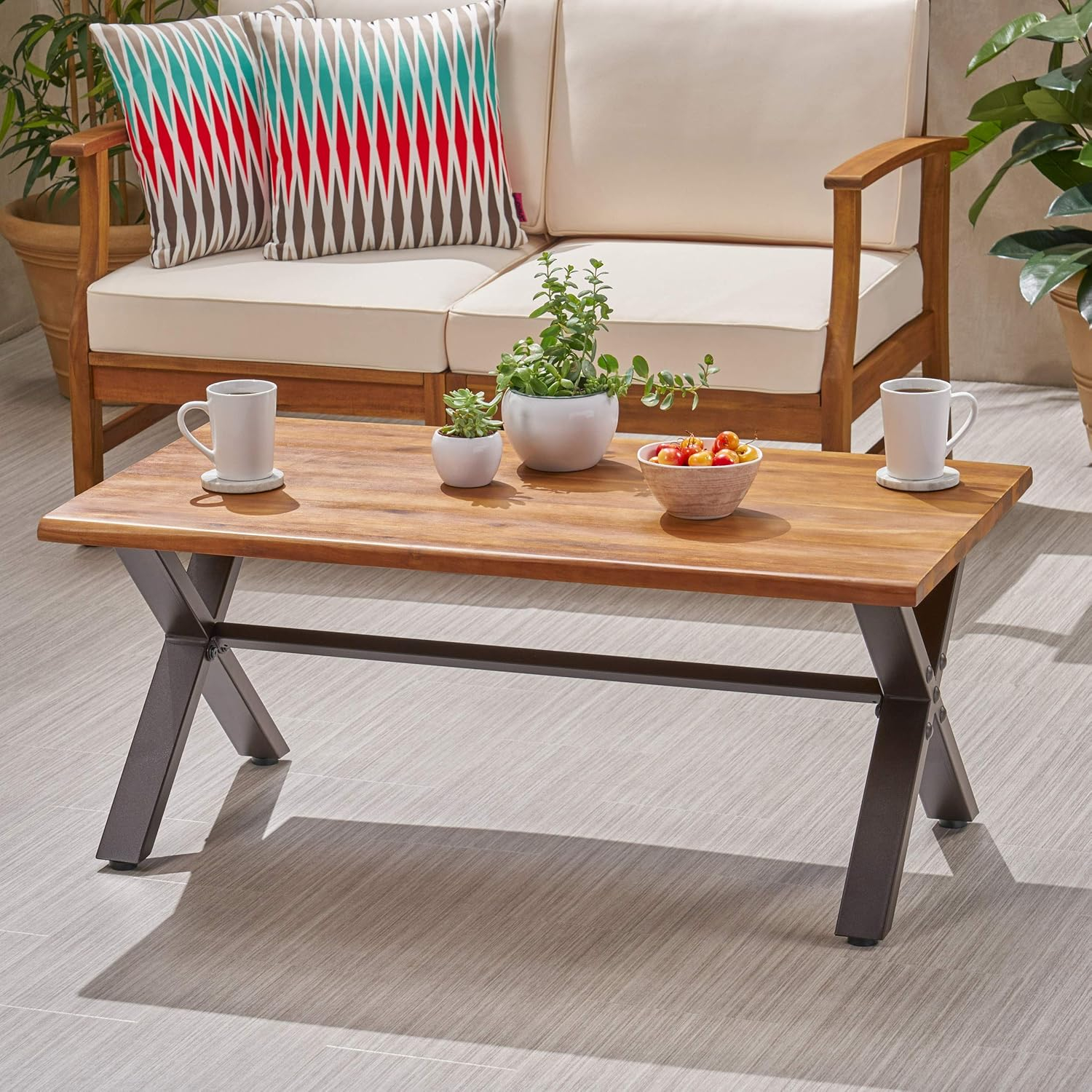 Sanibel Outdoor Acacia Wood Coffee Table with Rustic Metal Legs