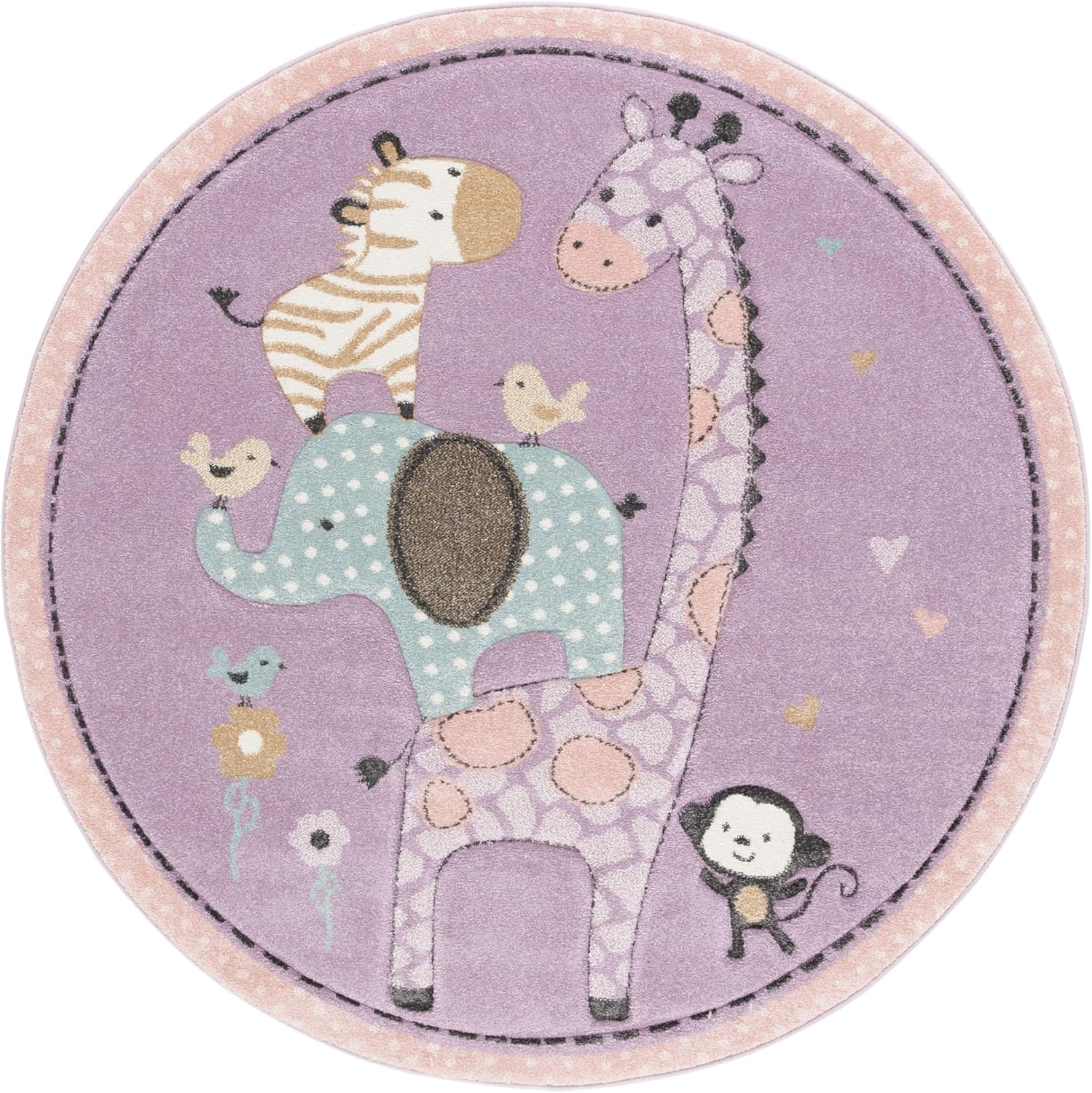 SAFAVIEH Carousel Kids Taneka Animals at Play Area Rug, Purple, 5'3" x 5'3" Round