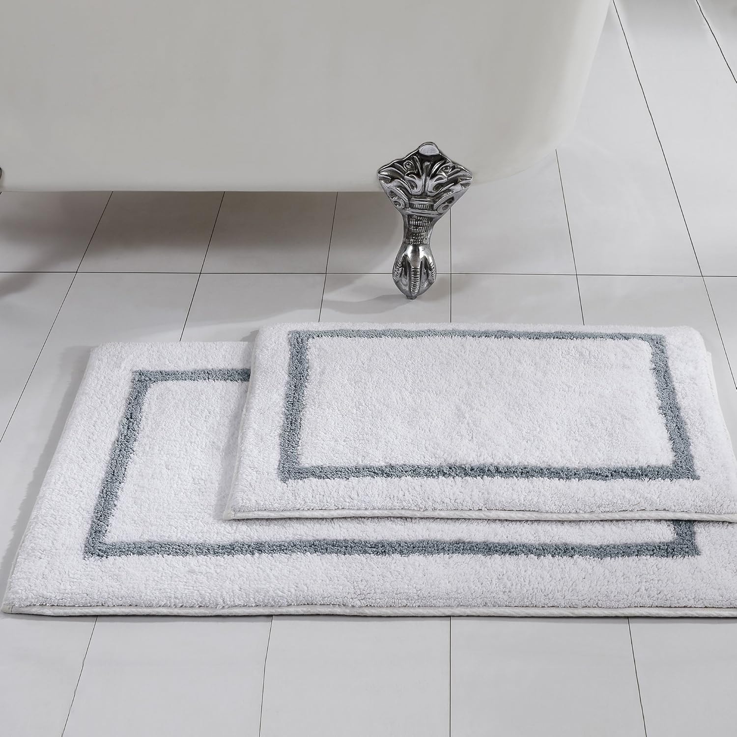 Modern Threads Reversible Bath 2-Piece Rug Set 100% Cotton, 17" x 24" & 21" x 34", Silver