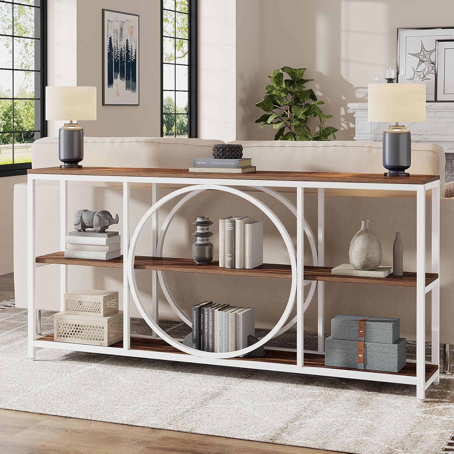 GVN Console Table, Entryway Table, 70.9" Console Table, Narrow Sofa Table with 3 Tier Storage Shelves,White & Walnut