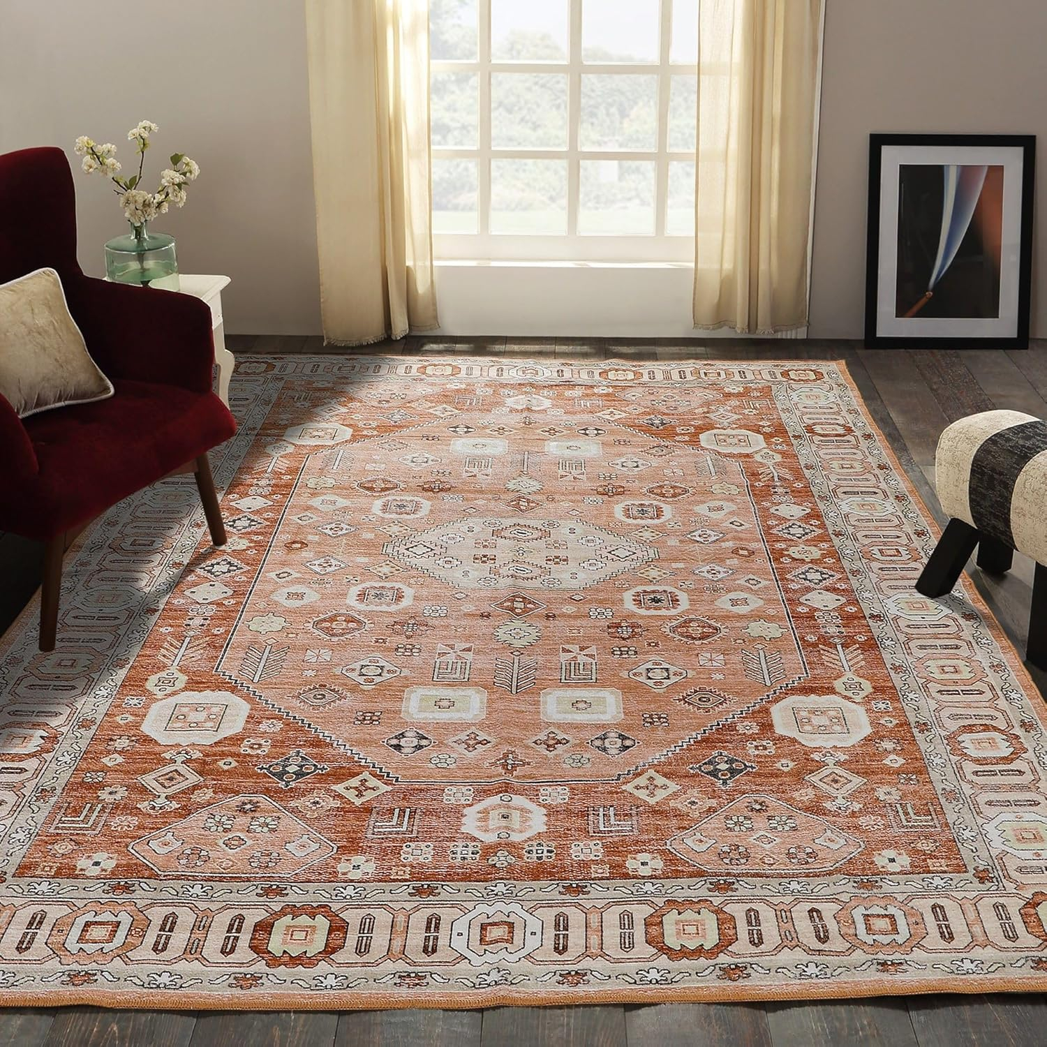 Machine Washable Thin Area Rug - Oriental Vintage Rust Red Kitchen, Bedroom, Hallway, Bathroom, and Entryway 3x5 Rugs - Stain and Water-Resistant - Non-Slip - Pet and Kid Friendly