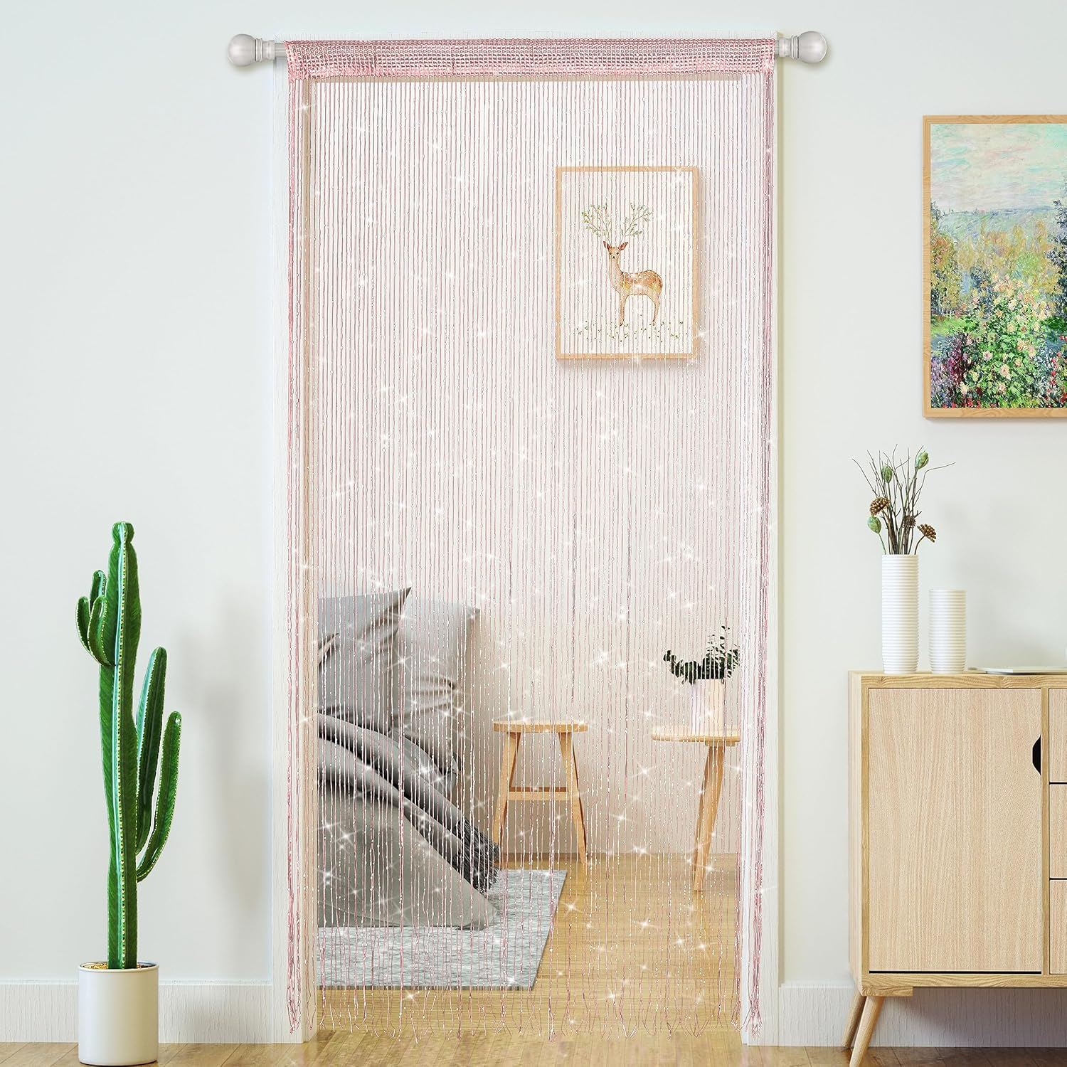 2 PcsString Curtains for Doorways Glitter Beaded Curtains Door Sparkle Beads Curtain Open Closet Laundry Hanging Hippie Glisten Beads Window Girls Panel (Light Pink, 39"×79" in)