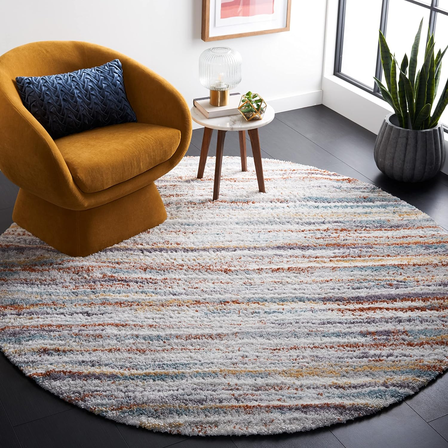 SAFAVIEH Berber Shag Jonette Abstract Area Rug, Blue Rust/Ivory, 4'5" x 4'5" Round