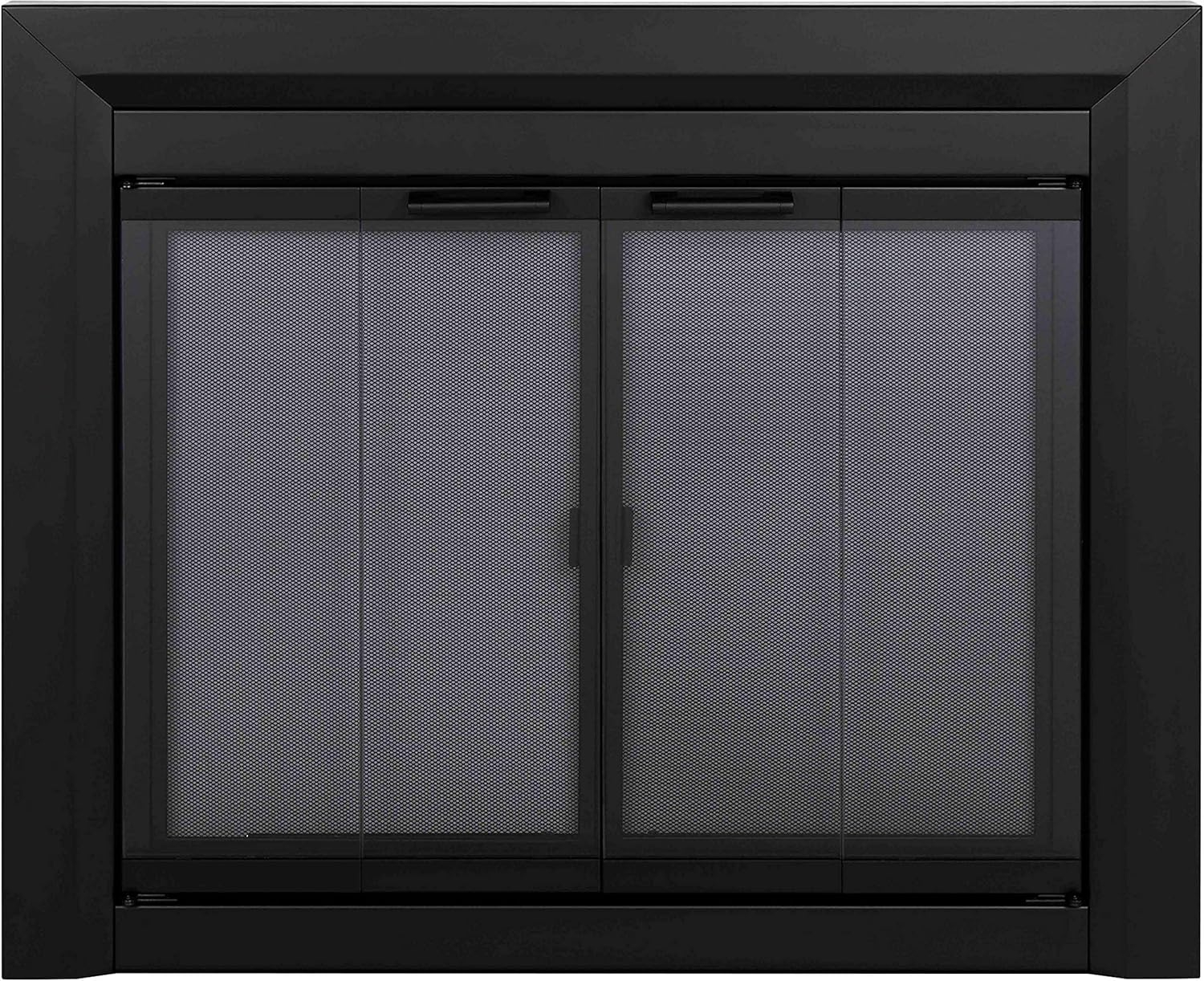 Pleasant Hearth Clairmont Fireplace Screen and Bi-Fold Track-Free Smoked Glass Doors - Black