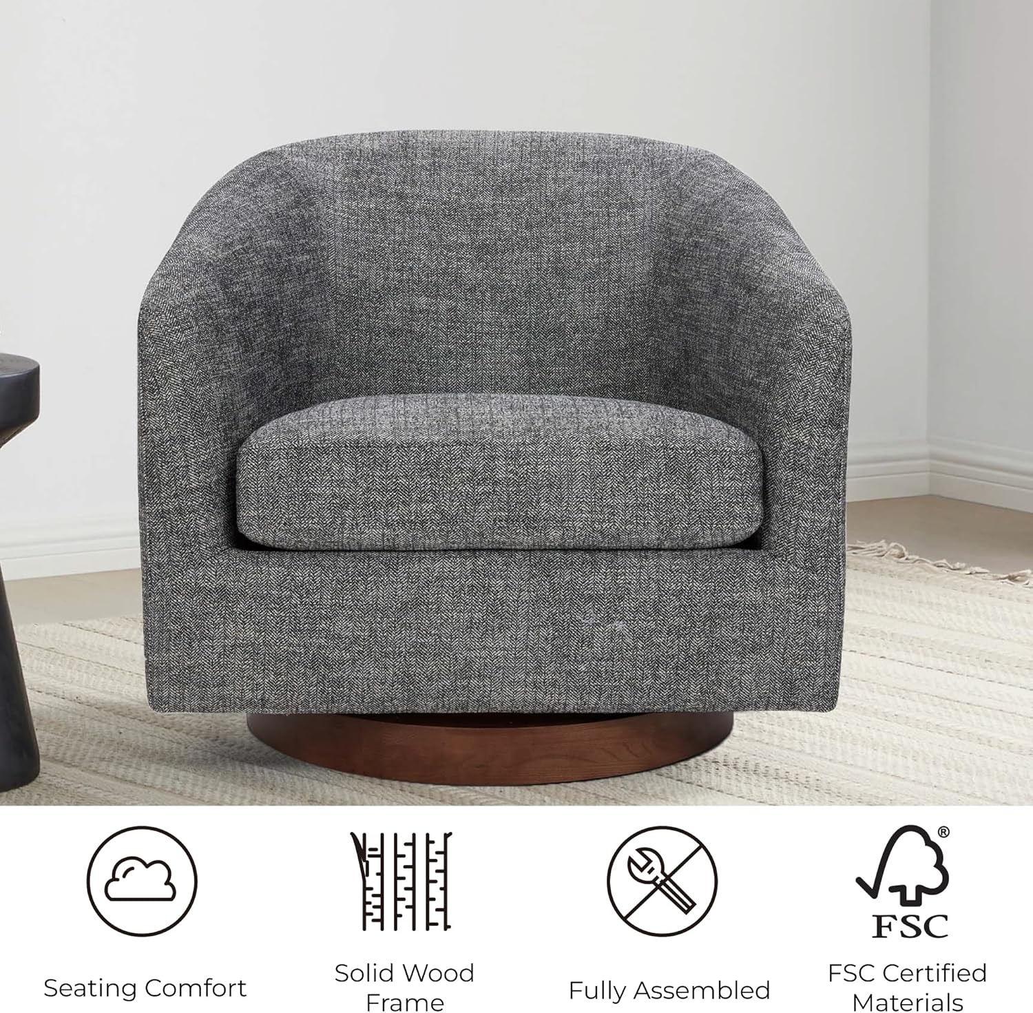 Nereus Dark Gray Fabric Swivel Accent Arm Chair with Wood Base