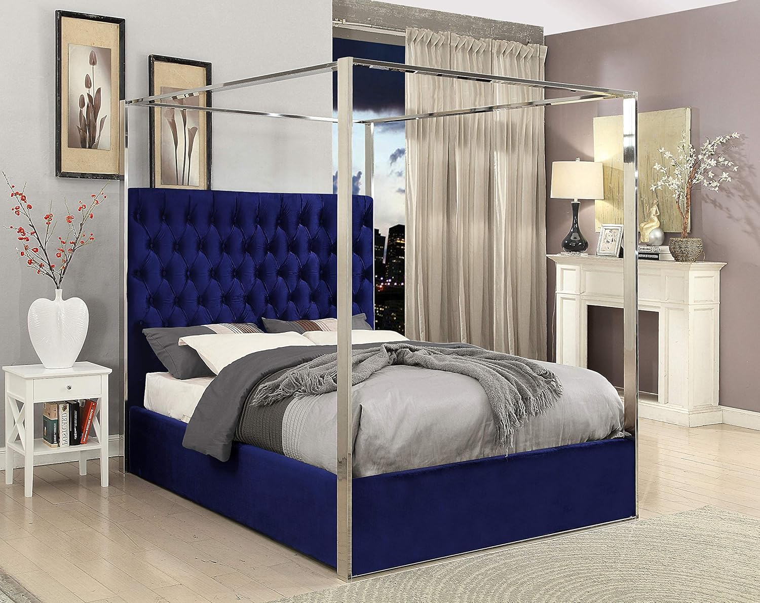 Meridian Furniture Porter Tufted Velvet Queen Bed in Navy