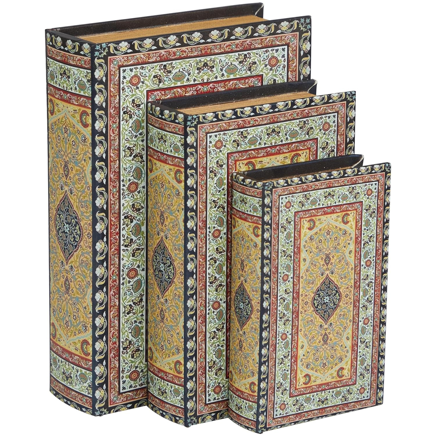 Deco 79 Canvas Decorative Box Storage Book Book Shaped Boxes with Arabesque Pattern and Gold Page Inspired Detail, Set of 3 Decorative Keepsake Boxes 12, 10, 8" H, Multi Colored