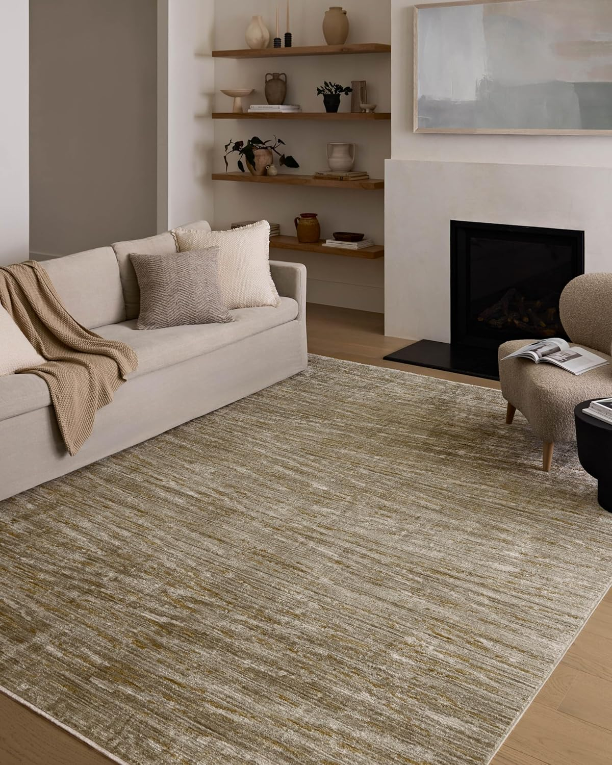 Sage and Gold Abstract Wool Area Rug, 5'-3" x 7'-9"