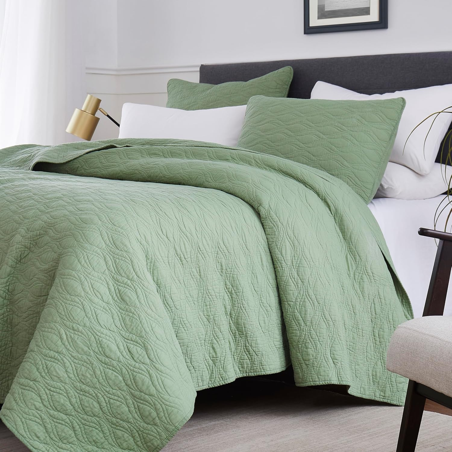 palassio Green 100% Cotton Quilt California Cal King Size Bedding Sets with Pillow Shams,Oversized Lightweight Soft Bedspread Coverlet, Cozy Bed Cover for All Season, 3 Pieces, 118x106 inches