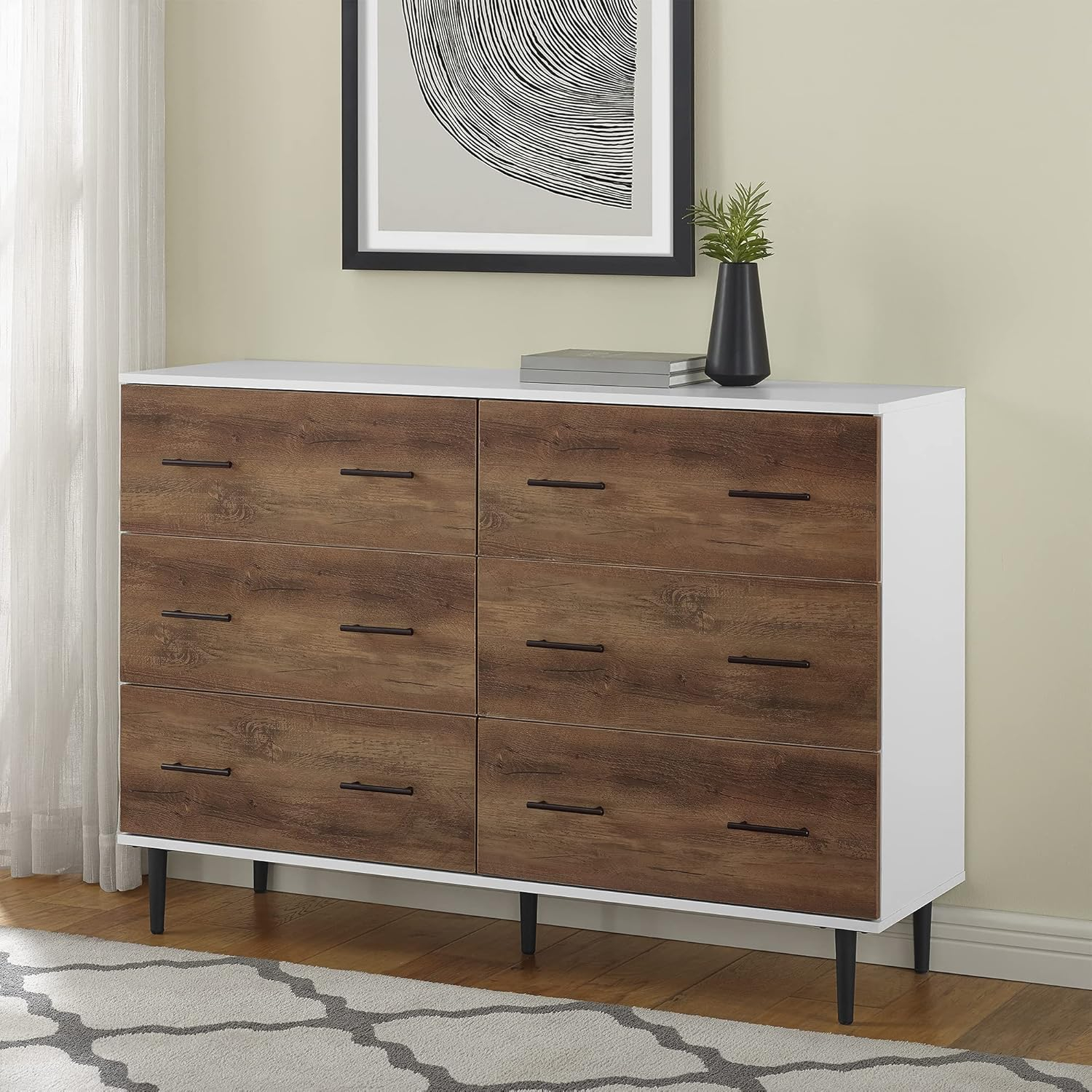 Walker Edison Mila Modern 6 Drawer Storage Buffet, 52 Inch, White and Rustic Oak