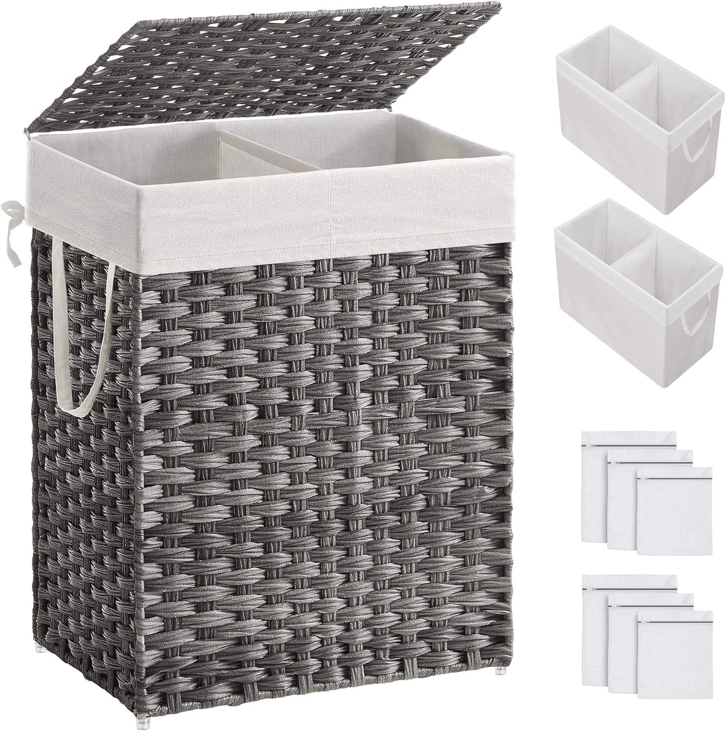 Gray Wicker Collapsible Laundry Hamper with Lid for Kids