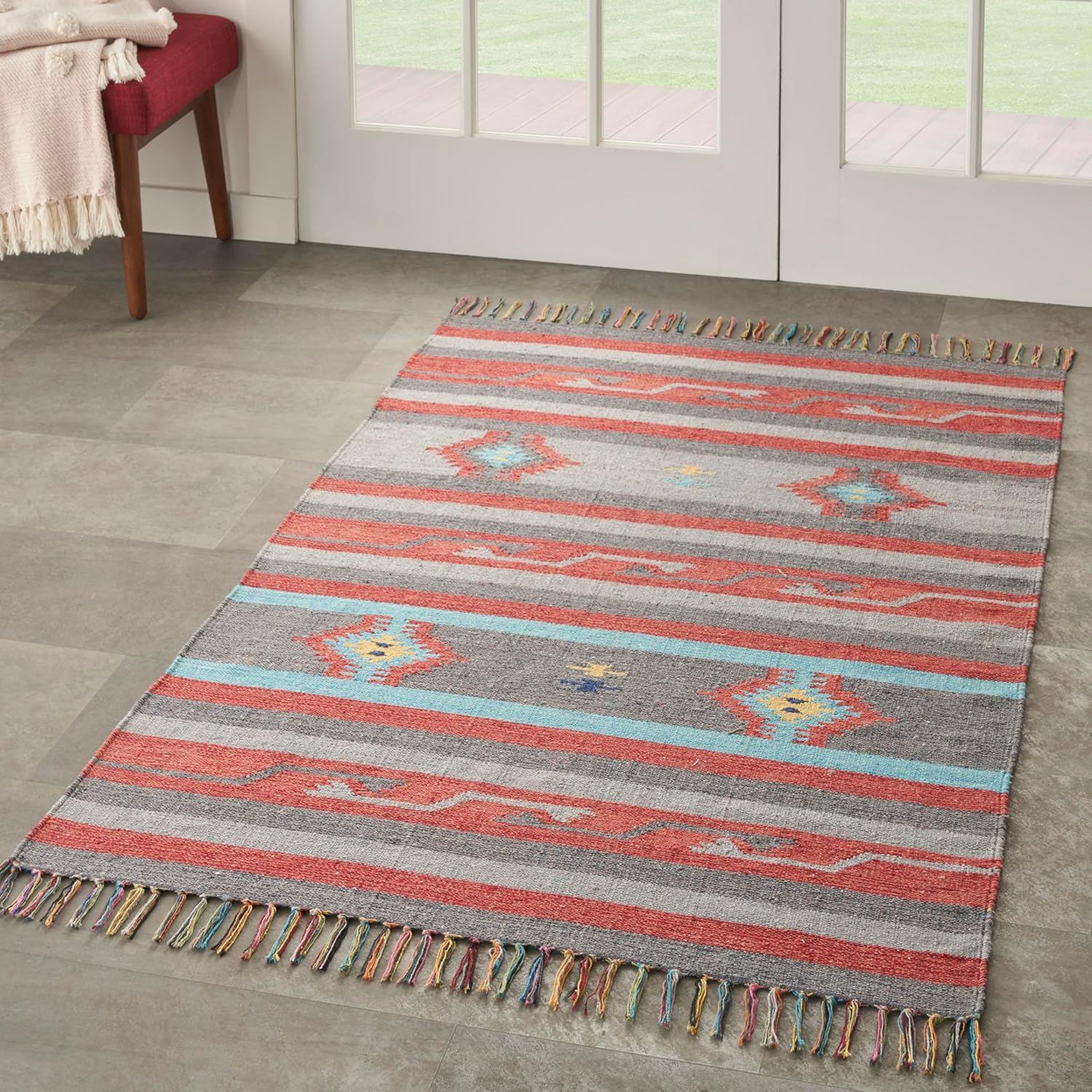 Nourison Baja Tribal Grey/Red 3'6" x 5'6" Area Rug, (4x6)