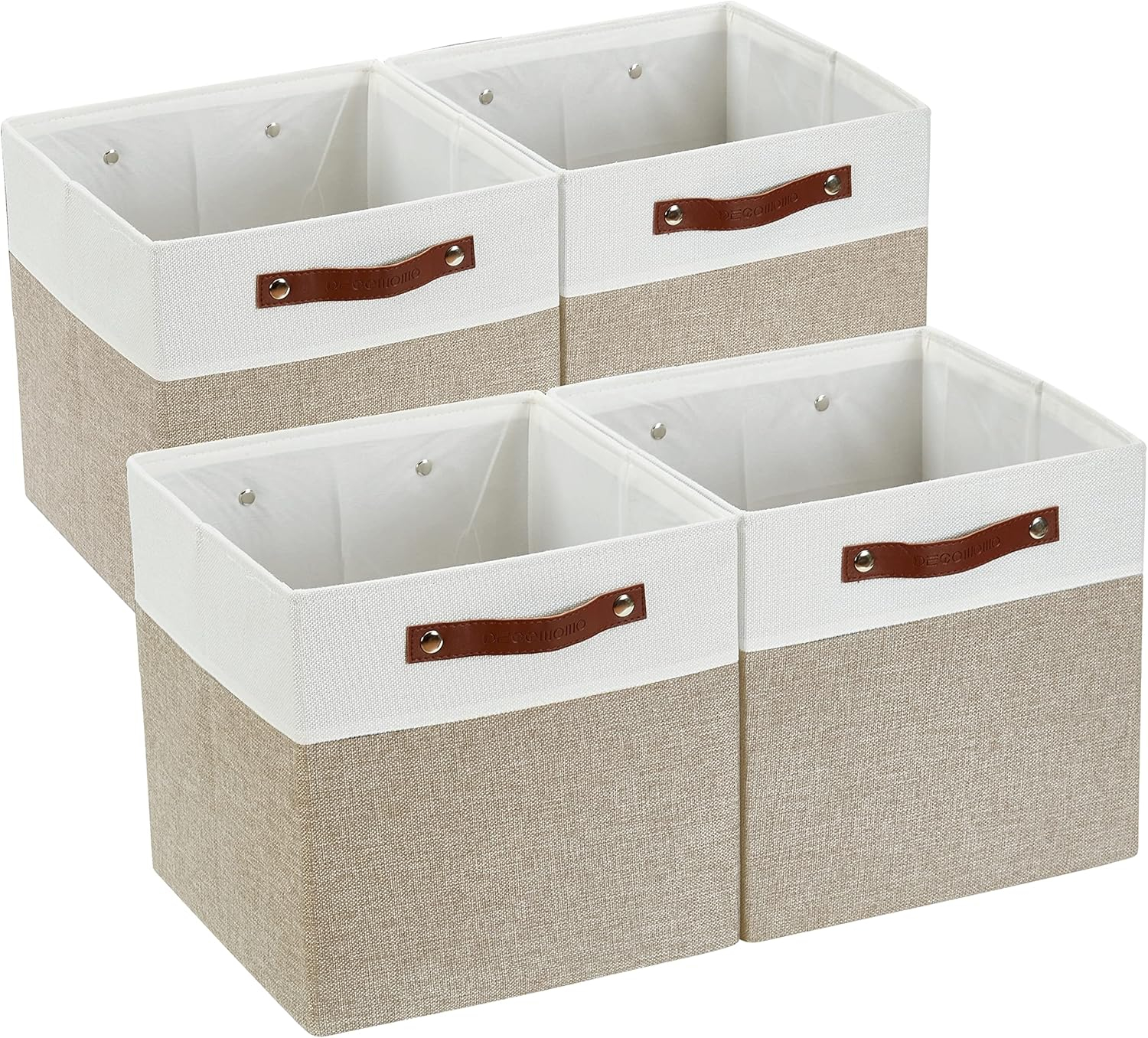 DECOMOMO Fabric Cube Storage Bins - Storage Baskets for Shelves, Cube Storage Organizer for Kallax and Cubbies (Beige & White, 11 inch Cube) - 4 Pack