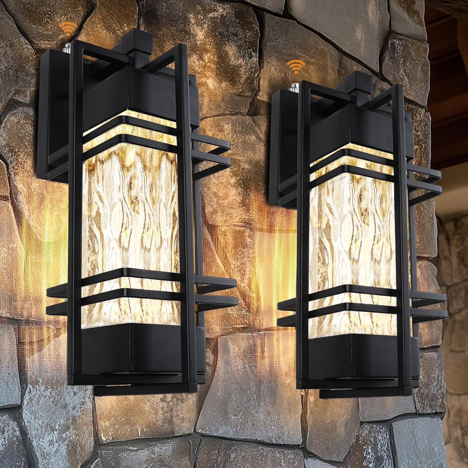 Black Modern Outdoor Wall Lanterns with Tempered Glass Shade, 9.76''