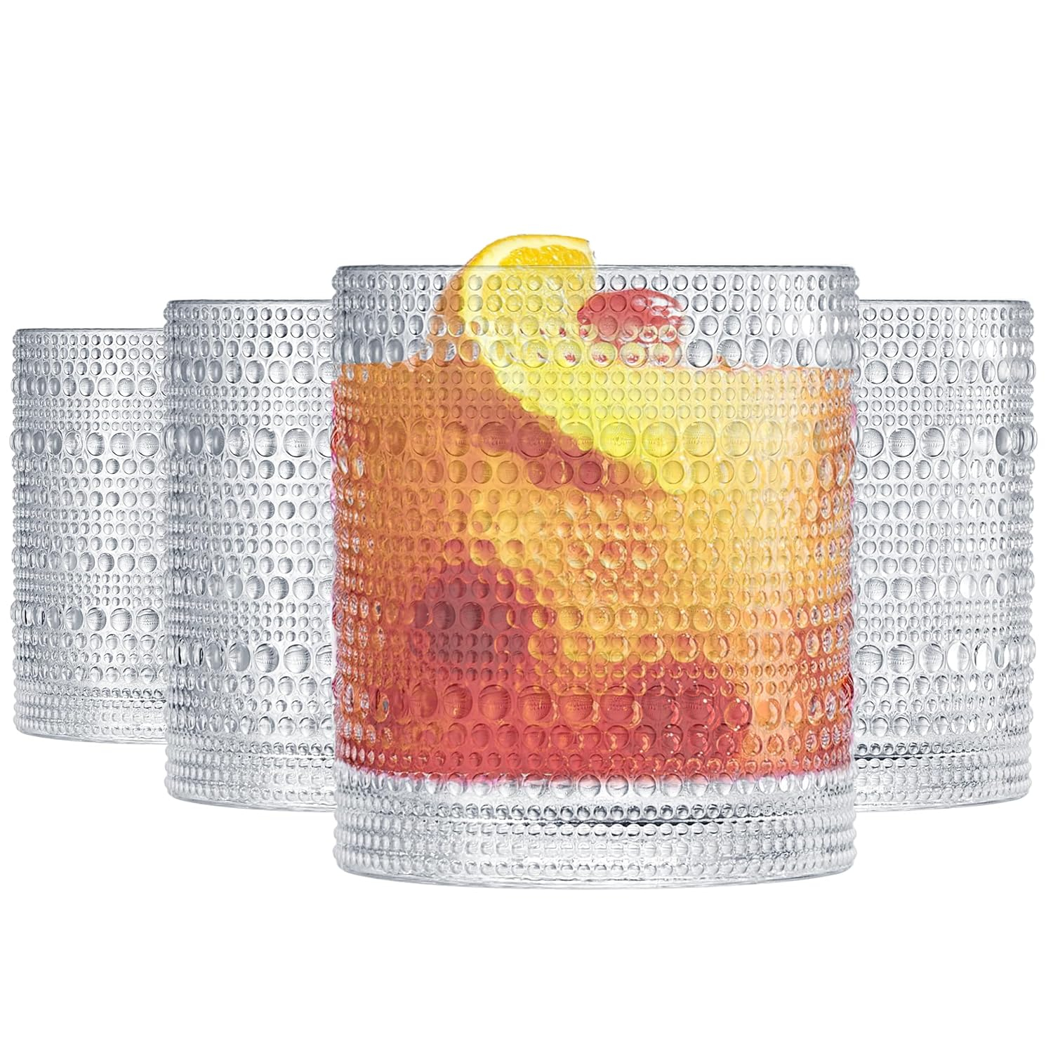 Khen Plastic Hobnail Drinking Glasses Set of 4 Clear Cups 14oz, Shatterproof & Unbreakable Acrylic Beaded Design, BPA-Free, Dishwasher Safe Indoor/Outdoor Drinkware for Water, Juice, Cocktails