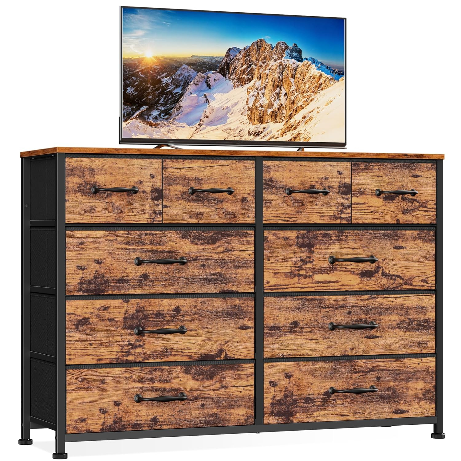 Furnulem Bedroom Dresser for 55”Long TV Stand,10 Storage Organizer Dressers & Chests of Drawers, Sturdy Metal Frame & Wood Top Tall Storage Cabinet for Bedroom Closet Living Room Entryway Rustic Brown