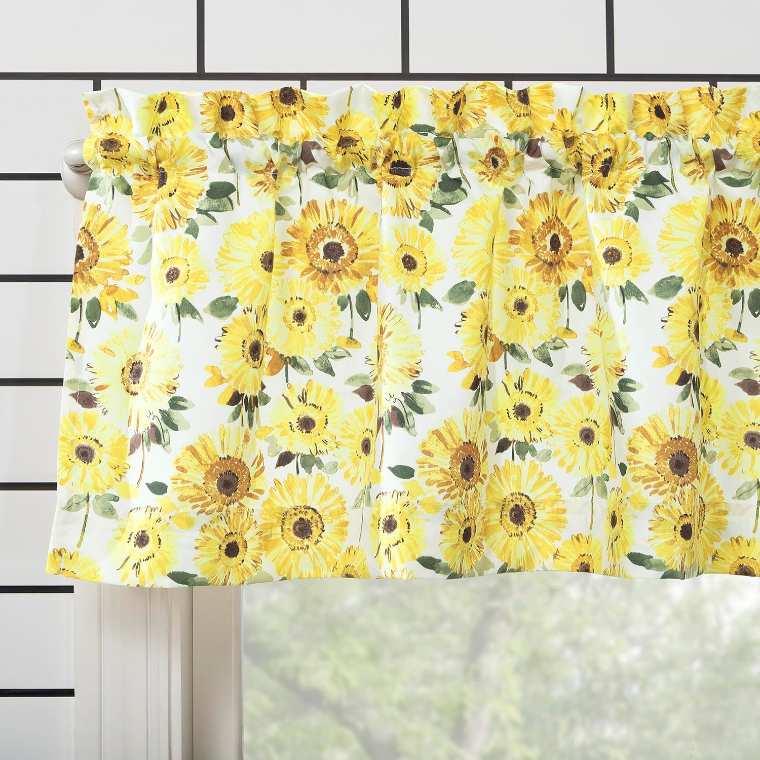 Sunny Sunflower Print Yellow 54 in. W x 14 in. L Rod Pocket Light Filtering Curtain Valance for Kitchens (Single Panel)