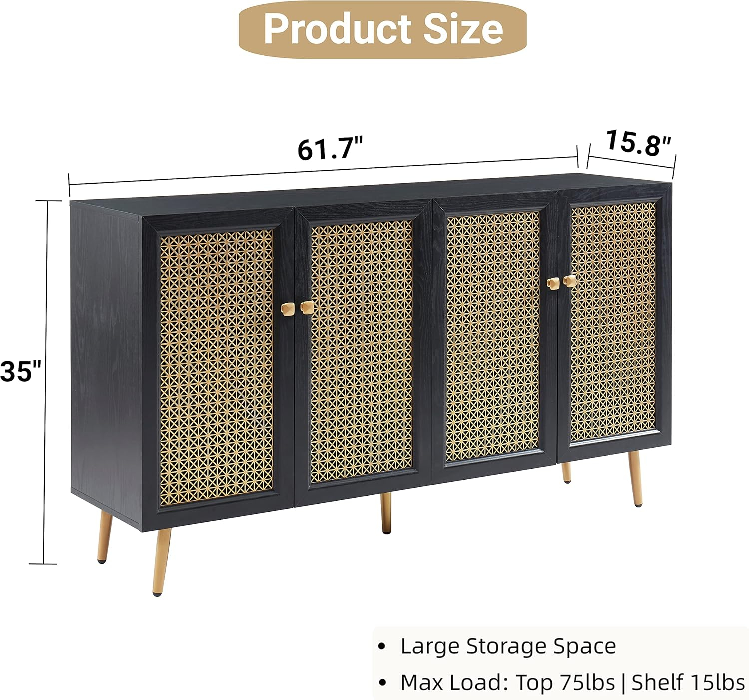 61.7''W Four Door Wood Buffets and Sideboards Storage Cabinet with LED Light Black