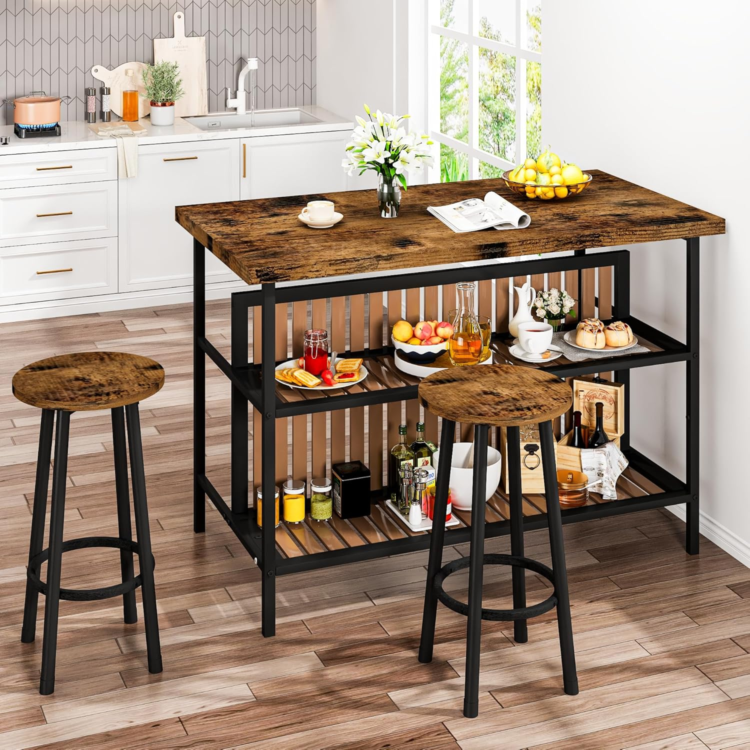 DKLGG Kitchen Island with Storage, 3 Piece Dining Table Set with 2 Tier Storage Shelves, Bar Table with Barstool, Sturdy Island Table with Chairs for Restaurant, Living Room