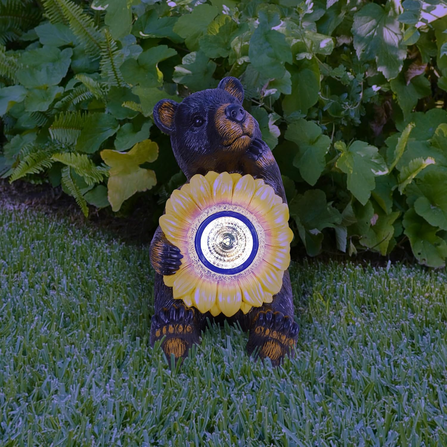 Alpine Corporation GXT520SLR-L Solar Powered Bear Statue with LED Sunflower for Outdoor Lawn and Yard Decoration, 16" H, Brown