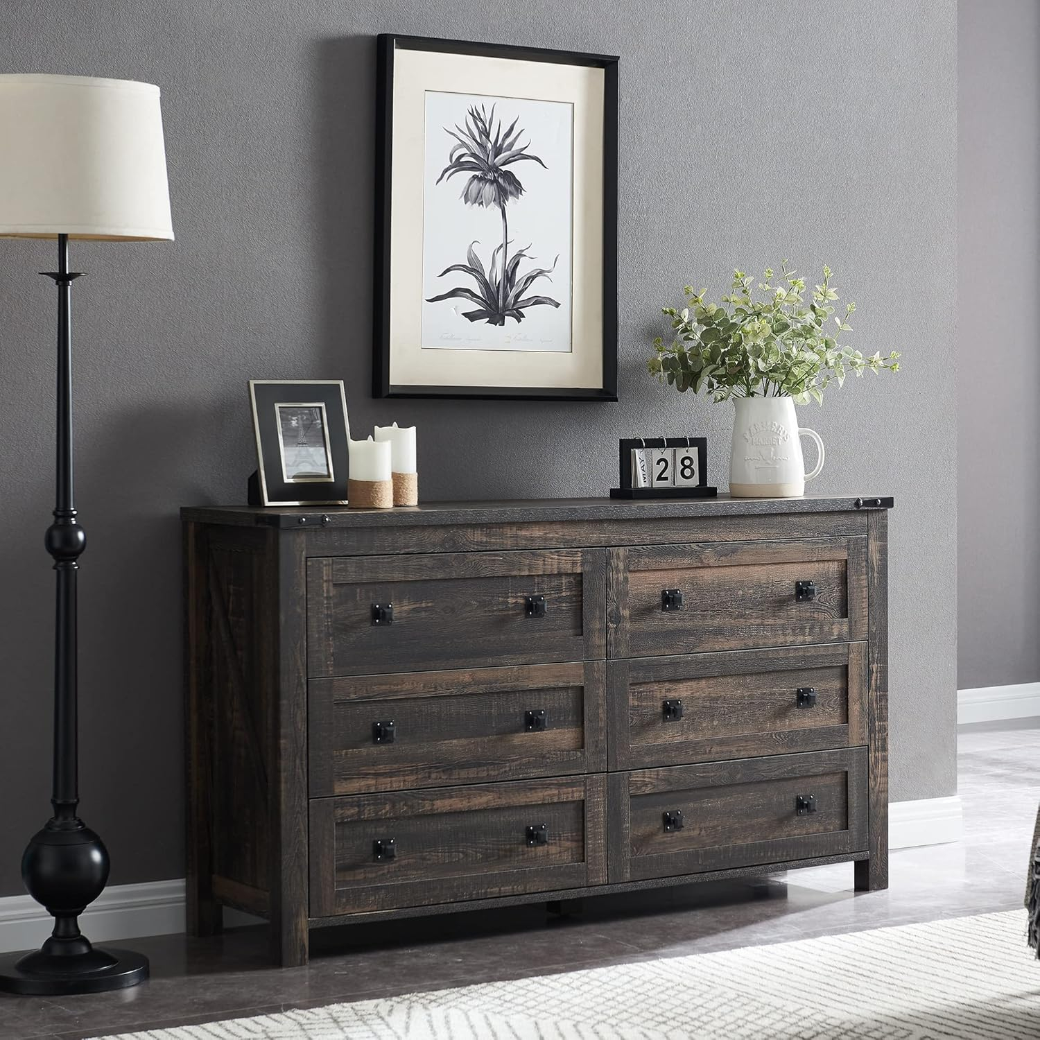 Farmhouse 6-Drawer Dresser - Rustic Dark Oak Storage, 54"L x 16"D x 31"H, Barn Door Style, Antique Brass Knobs, Wide Chest Organizer for Bedroom/Living Room