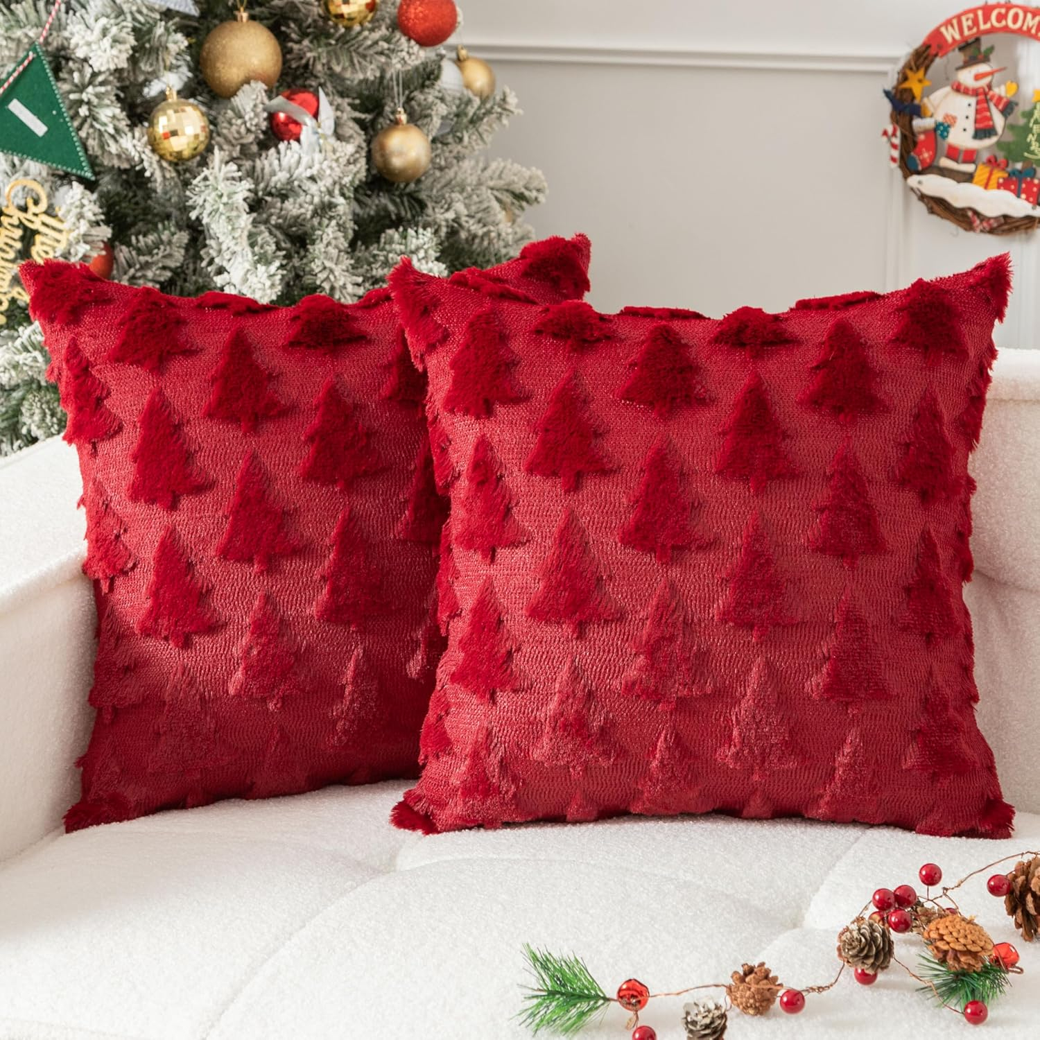 UGASA Pillow Covers 20x20 Inch Set of 2 Soft Plush Faux Fur Christmas Tree Decorative Luxury Jacquard Throw Pillows Pillowcases for Couch Sofa Holiday Festivals Home Decor, Burgundy