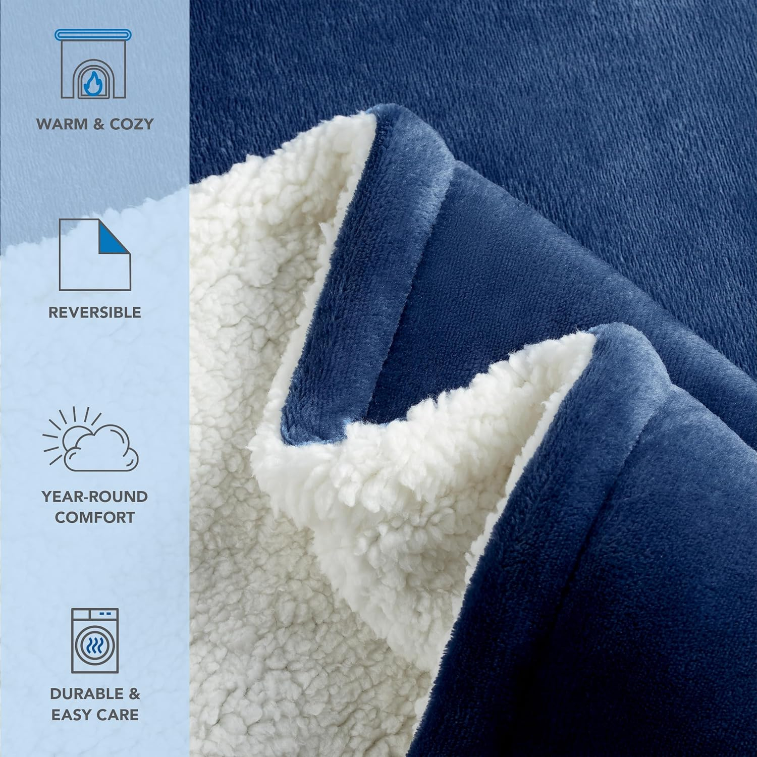 Navy Blue Reversible Sherpa Fleece Throw Blanket, 50x60 inches