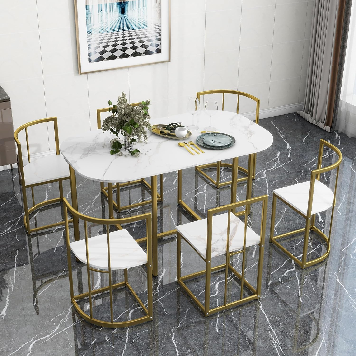 Metal 7 Piece Kitchen Dining Table Set with Chairs for Saving Space Metal Dining Room Table Set for 6 Persons, Golden White