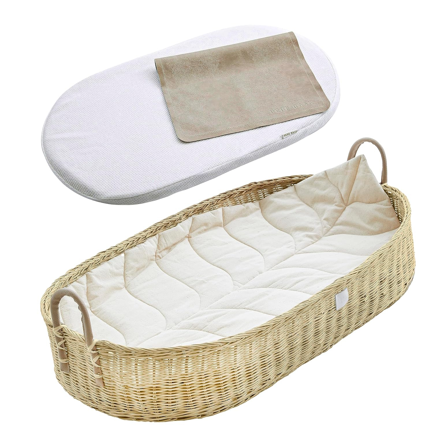 Premium Baby Changing Basket - Artisan-Crafted Rattan with Extra High Sides - Wicker Changing Basket for Baby Dresser - All Accessories Included - Complete Set for Nursery (Rattan)