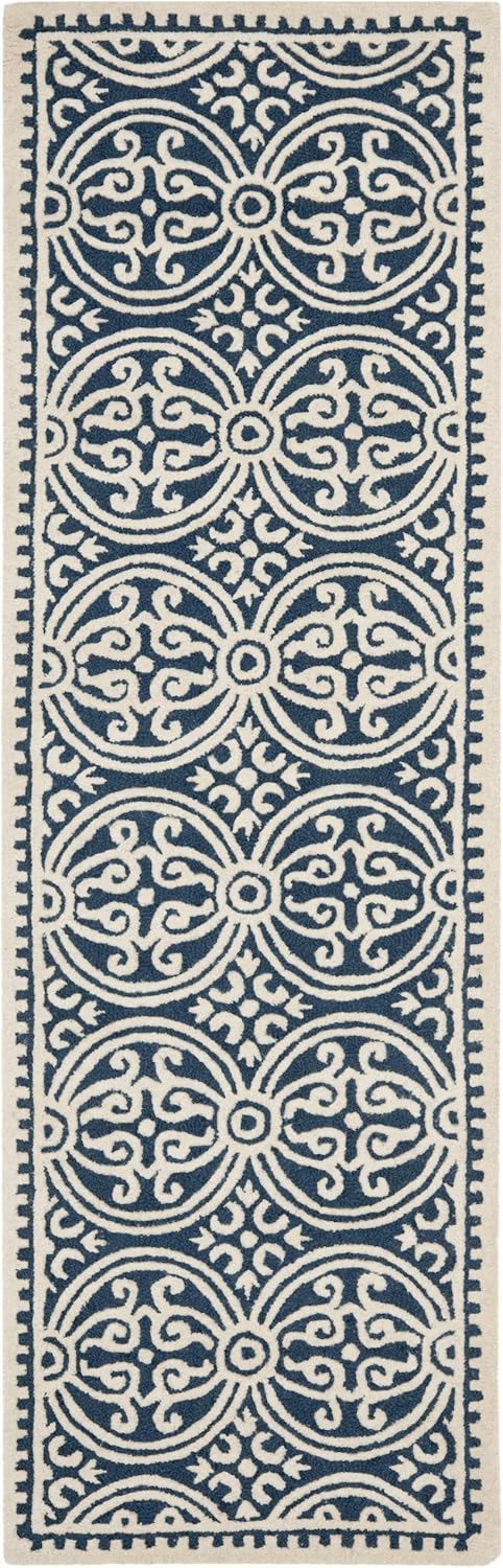 SAFAVIEH Cambridge Leslie Geometric Wool Runner Rug, Navy Blue/Ivory, 2'6" x 18'