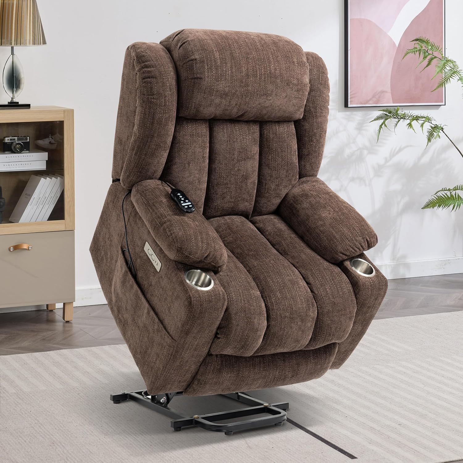 Power Lift Chair with Full-Body Massage and Heat, Electric Recliner Chairs for Adults, Remote Control, Standing Assistance, USB Ports, Stainless Steel Cup Holders, Chenille Brown