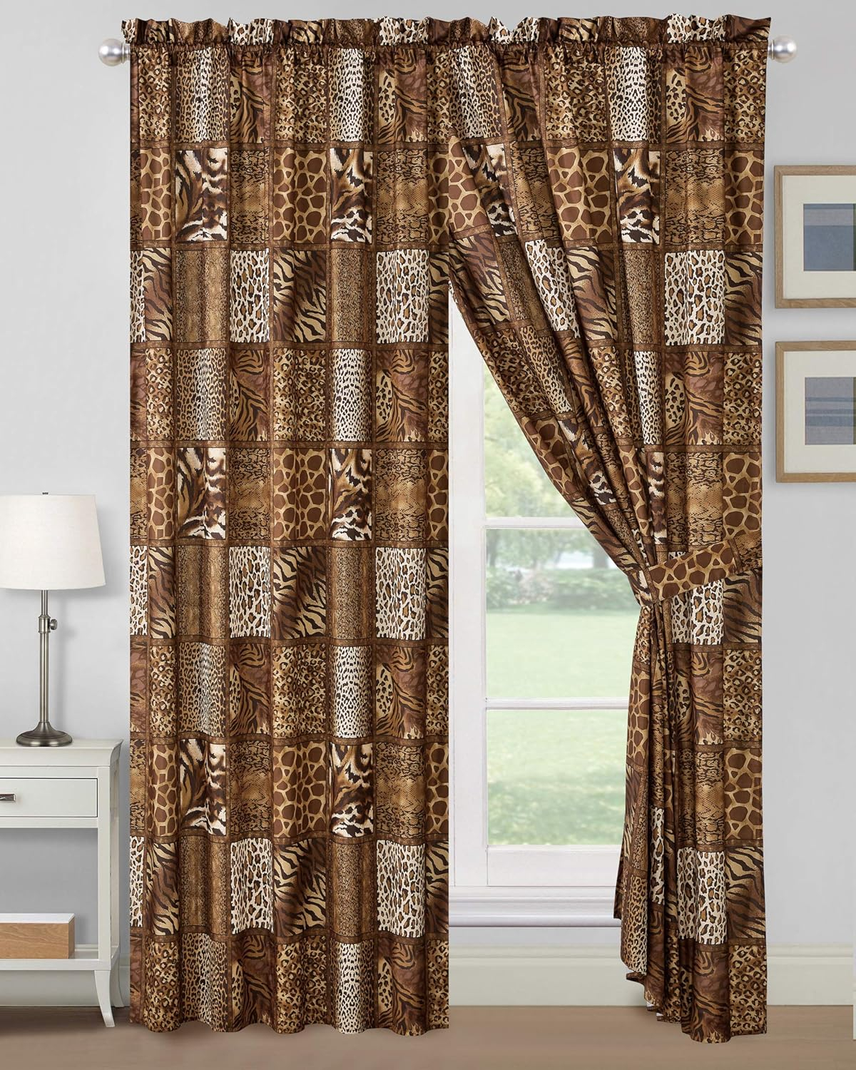 WPM 4 Piece Jungle Safari Animal Print Window Curtain Set, Chocolate Brown Leopard Zebra Giraffe Print Rod Pocket Panels with Tie Backs- Safari Design (Brown)