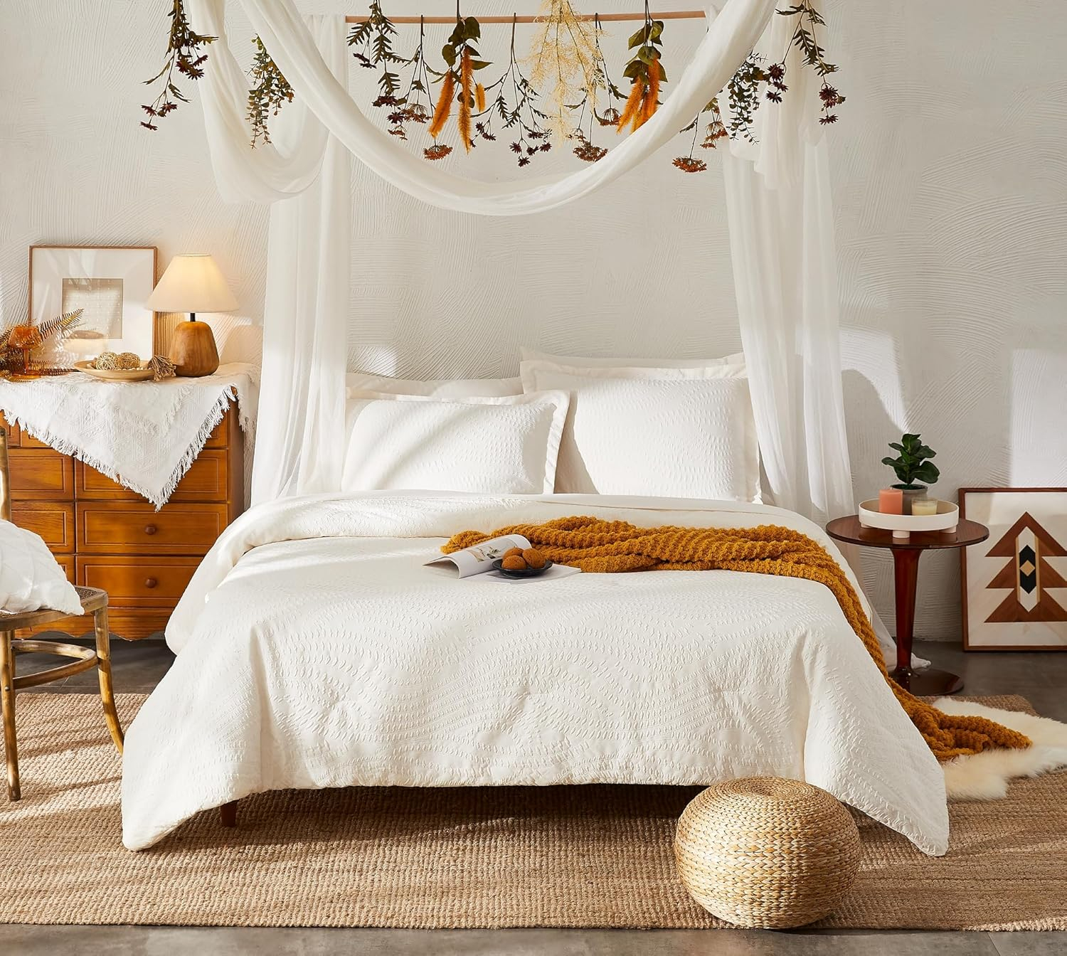 Geniospin Twin Comforter Set - 5 Pieces Burnt Orange Bedding Set, Botanical Textured Comforter Set, All Season Lightweight Bed in a Bag with Comforter, Sheets, Pillowcases & Shams