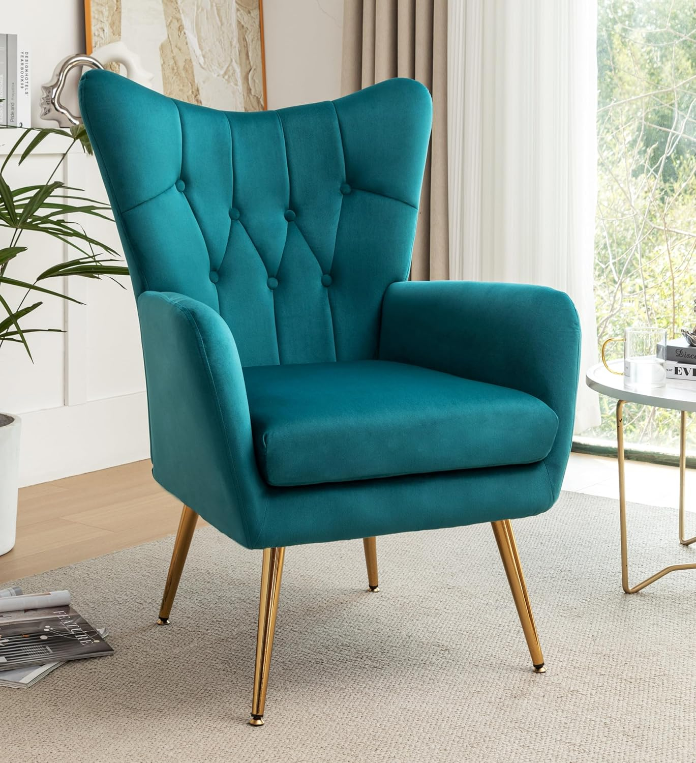 Modern Chic Mid-Century Velvet Accent Armchair for Living Room, Bedroom, or Home Office, Button-Tufted Wingback Design with Gold Flared Legs, Dark Teal