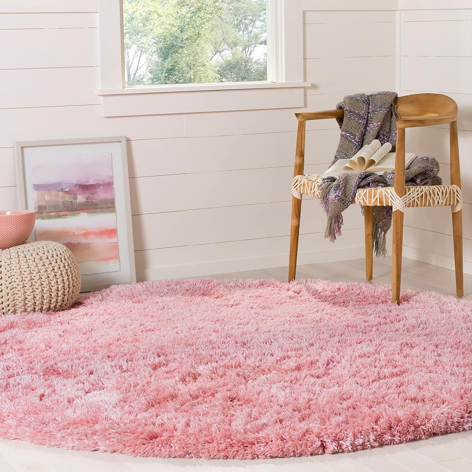 Polar Shag Light Pink 4 ft. x 4 ft. Round Solid Area Rug