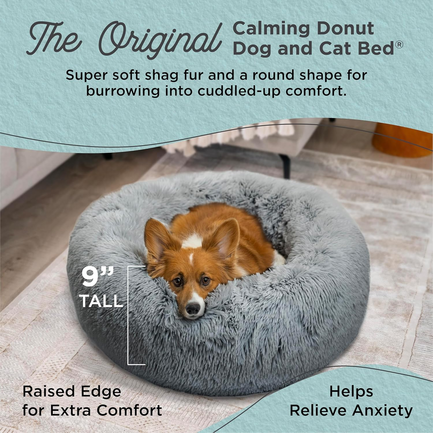 Best Friends by Sheri The Original Calming Donut Dog and Cat Bed in Shag Fur Gray, Small 23x23"