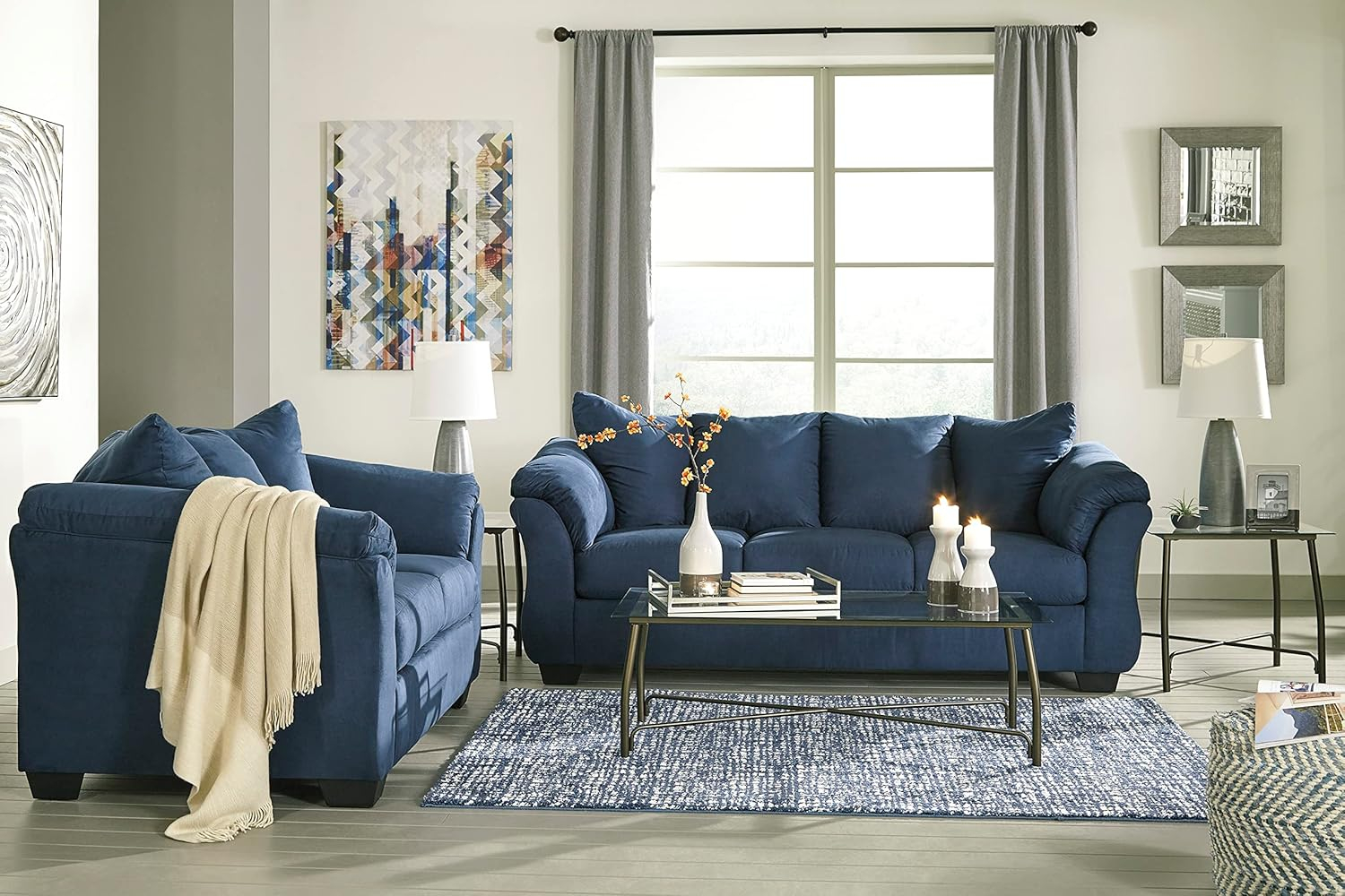 Roundhill Furniture Aruca Navy Blue Microfiber Pillow Back Sofa and Loveseat Set