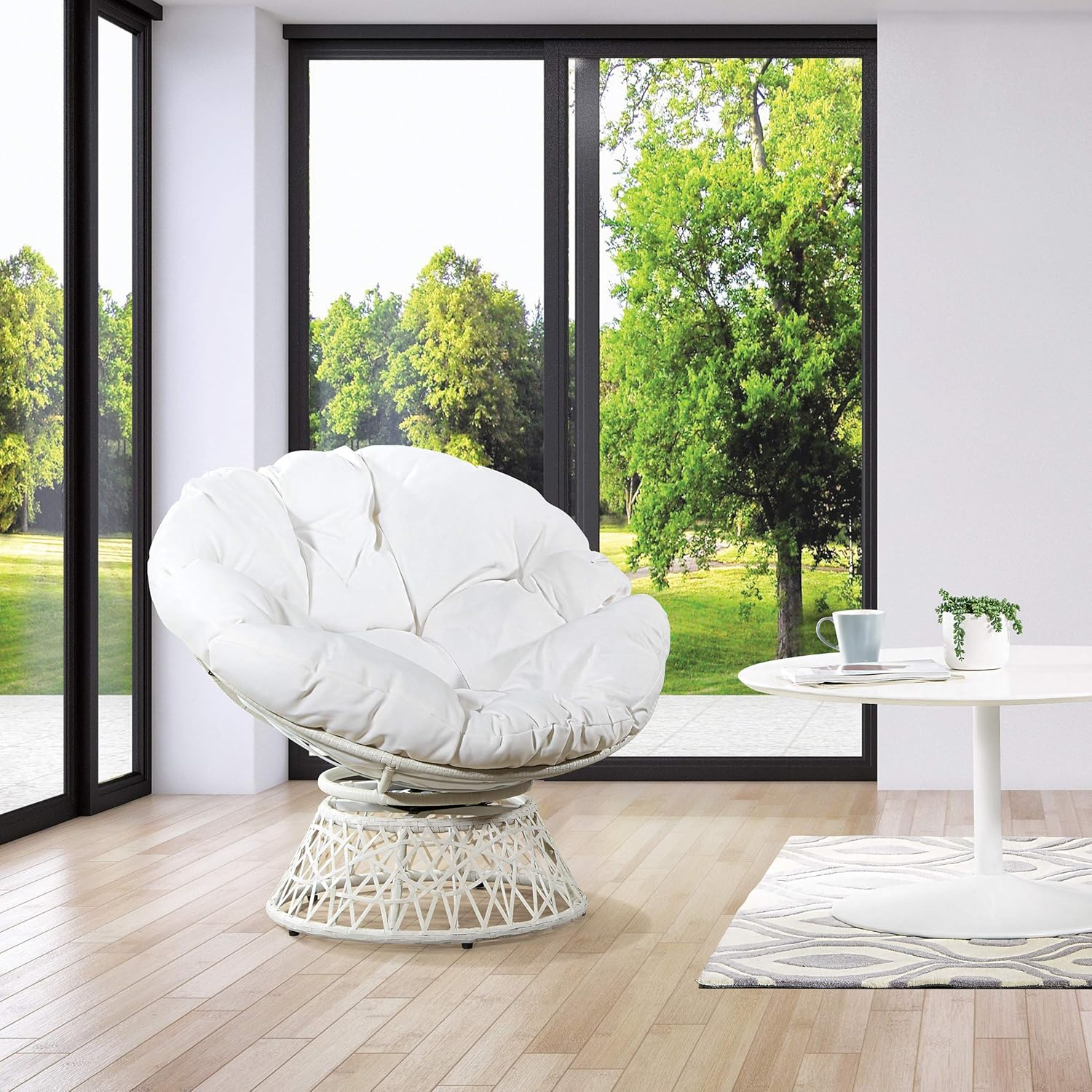 Swivel White Papasan Chair with Metal Frame and Plush Cushion