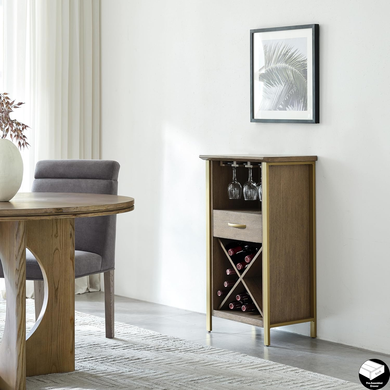 Lea 20-inch W x 36-inch H Dune Brown and Gold Mini Bar Cabinet for Stemware and Bottle Storage