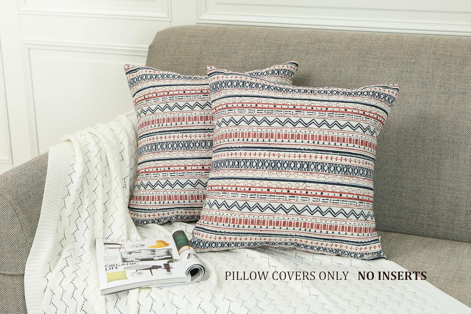 Pack of 2 Throw Pillow Cases Decorative Pillow Covers for Home Decoration, Bohemian Striped Geometric Pattern, 22x22 Inches,Navy Pink Cream